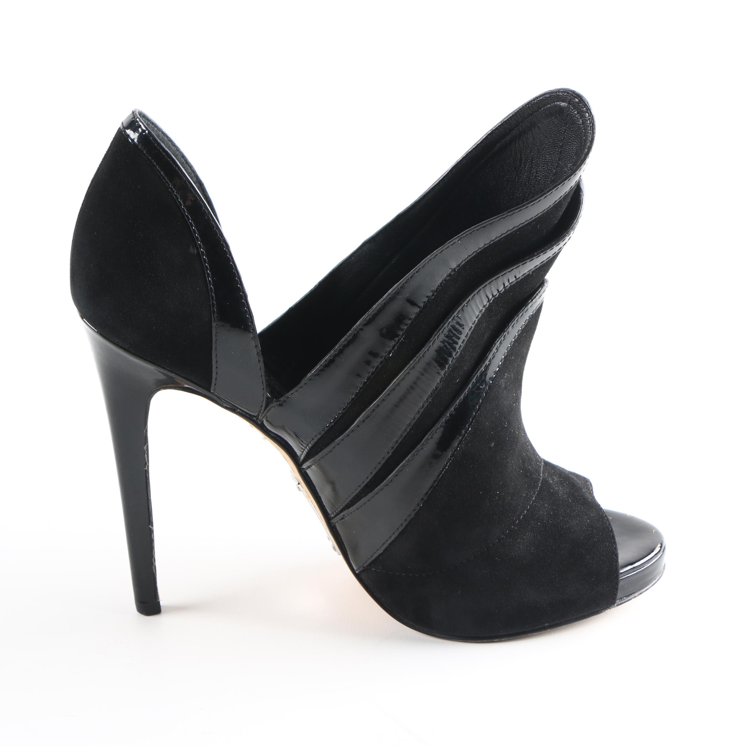 Alejandro Ingelmo Avant Garde Black Suede and Patent Leather Peep Toe Heels