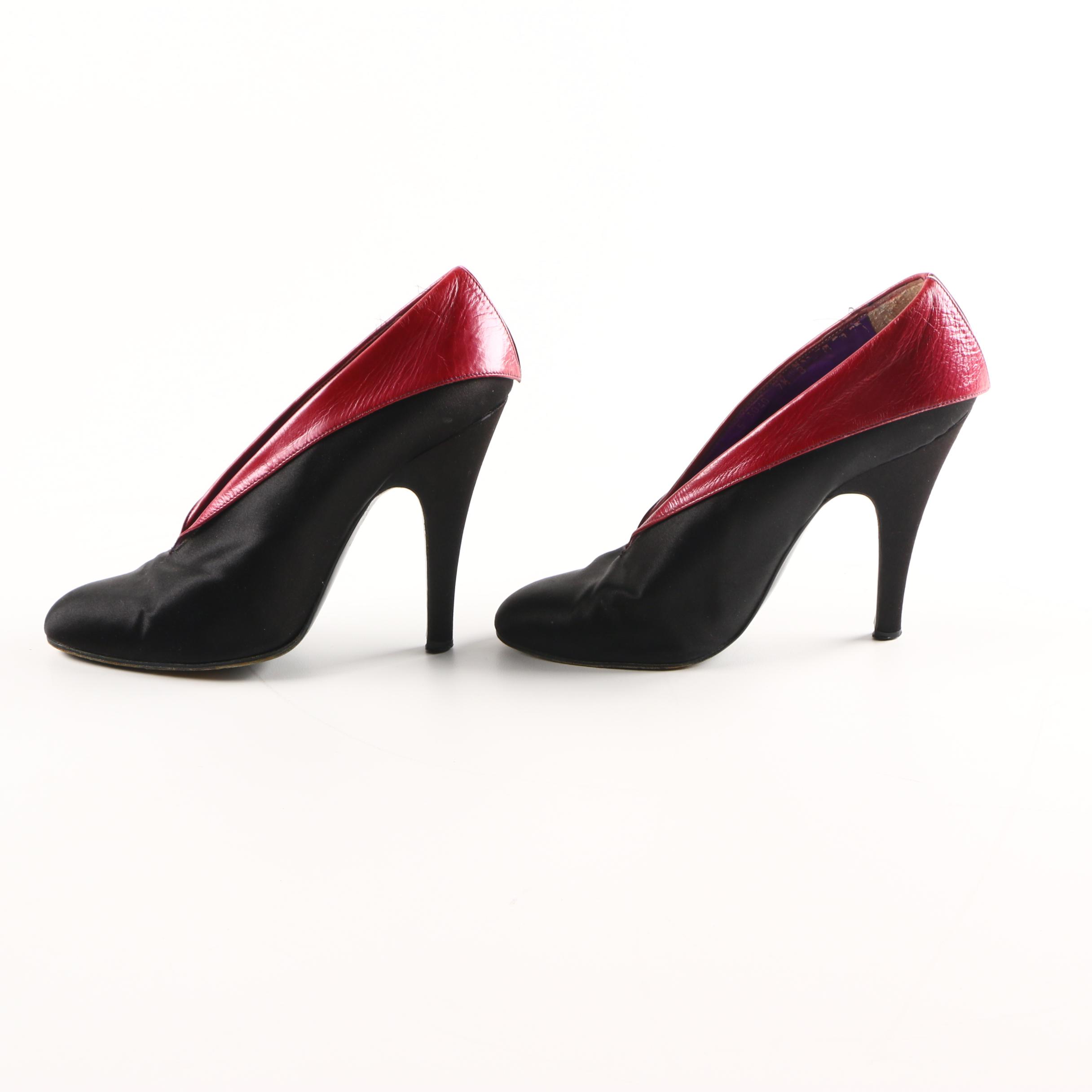 Pancaldi Red Leather Trimmed Black Satin Heels