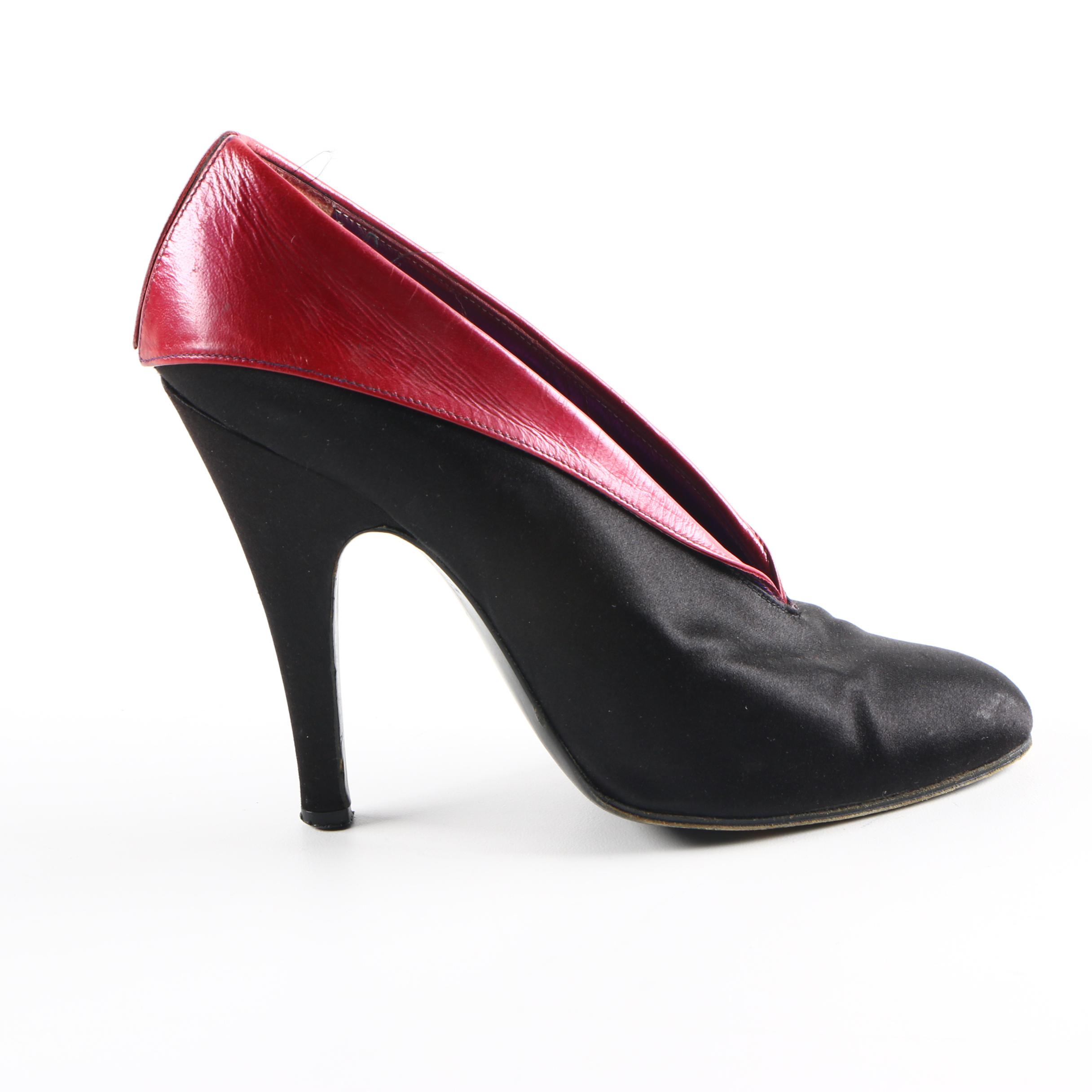 Pancaldi Red Leather Trimmed Black Satin Heels