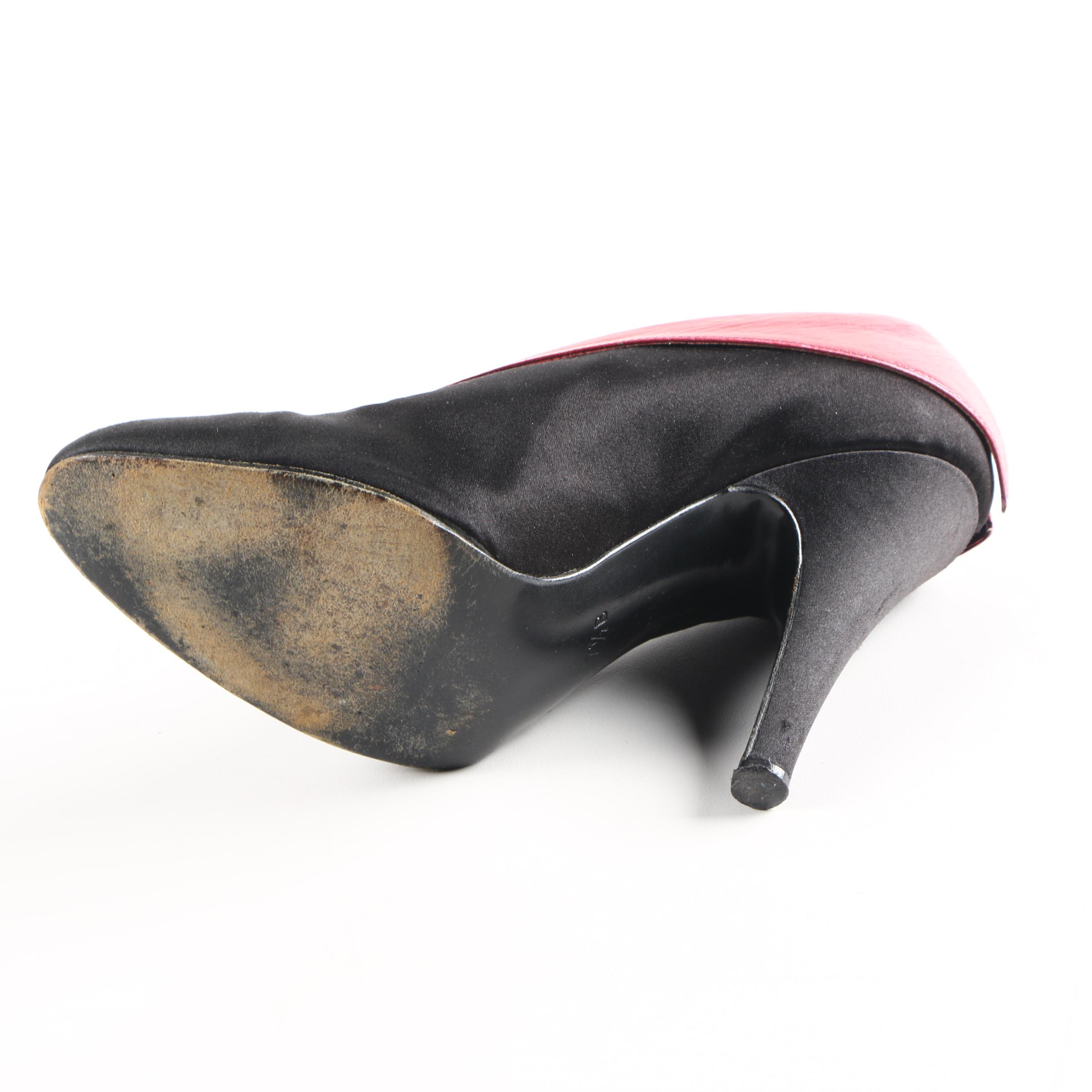 Pancaldi Red Leather Trimmed Black Satin Heels