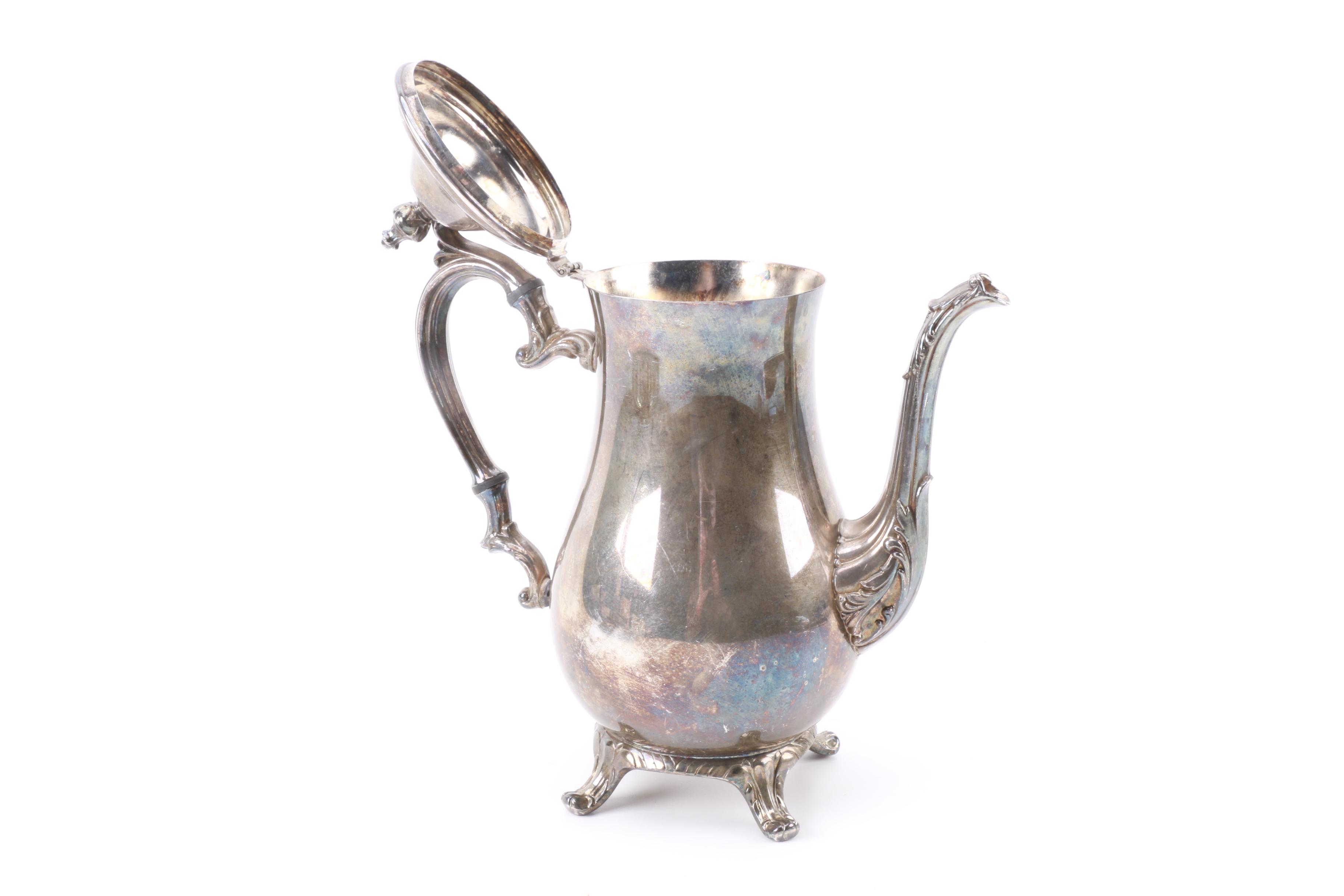 Wm Rogers Silver Plate Coffee Pot with Other American Silver Plate Servingware