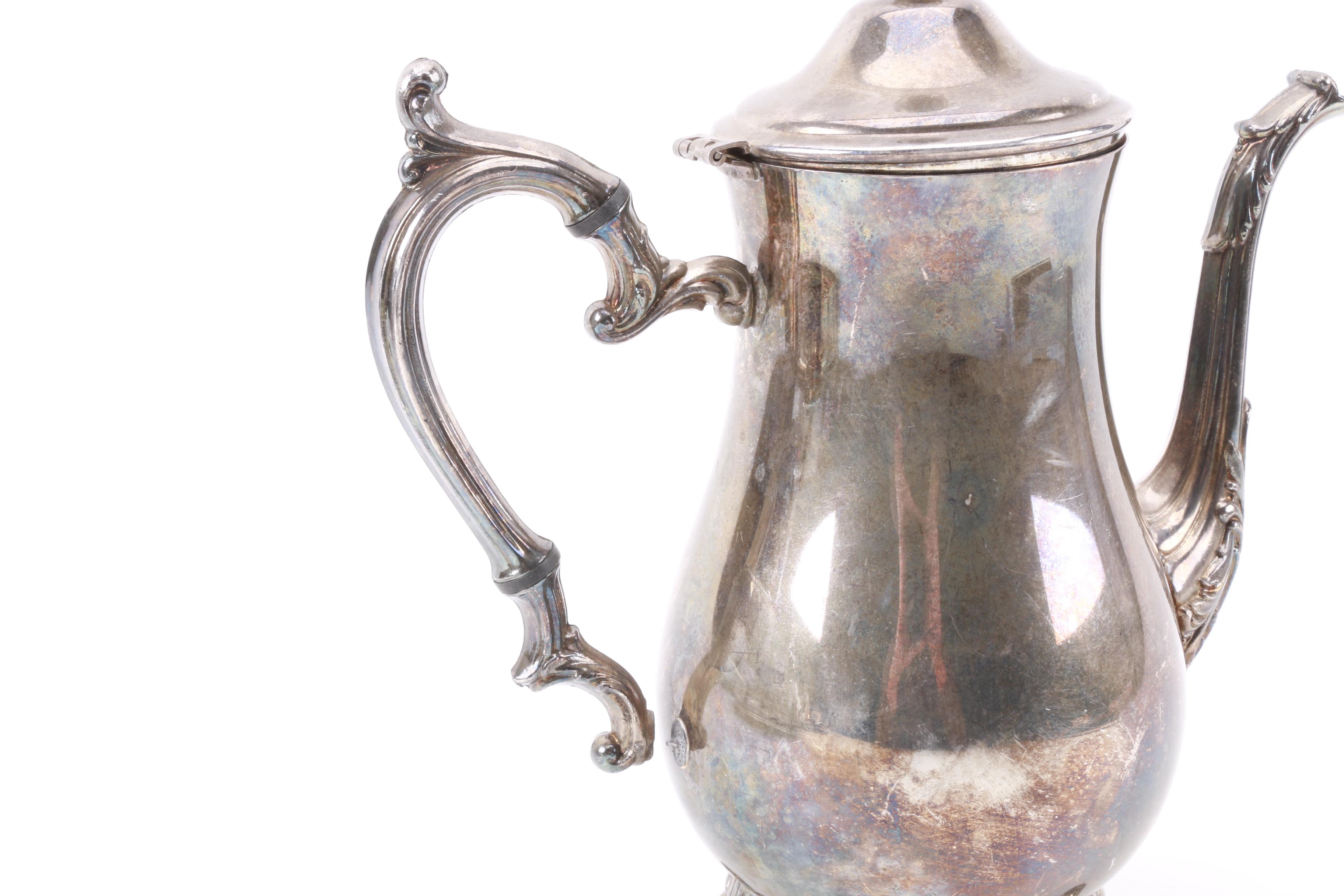 Wm Rogers Silver Plate Coffee Pot with Other American Silver Plate Servingware