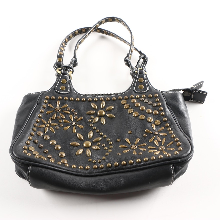 Isabella Fiore Floral Studded Black Leather Handbag