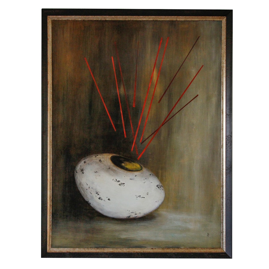 Jacqueline Saporiti Contemporary Oil Painting on Board of Vase and Sticks