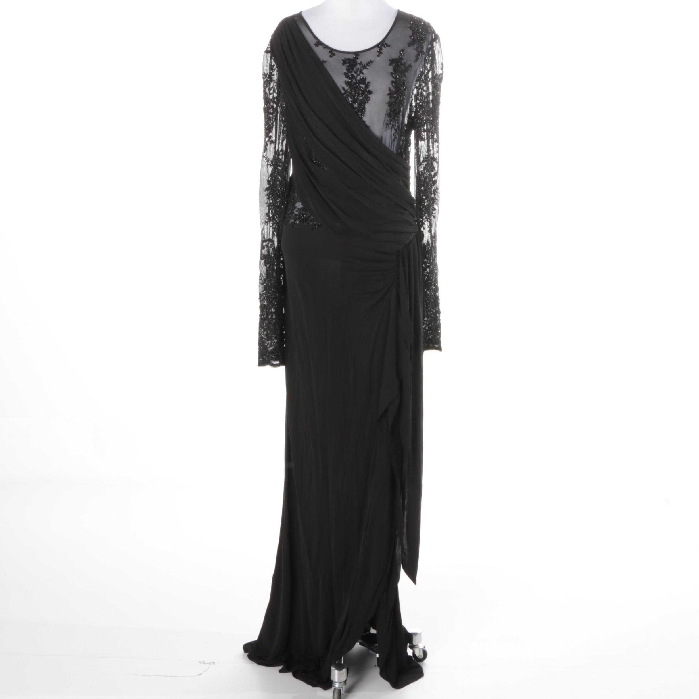 ABS Allen Swartz Embellished Black Evening Dress with Lace