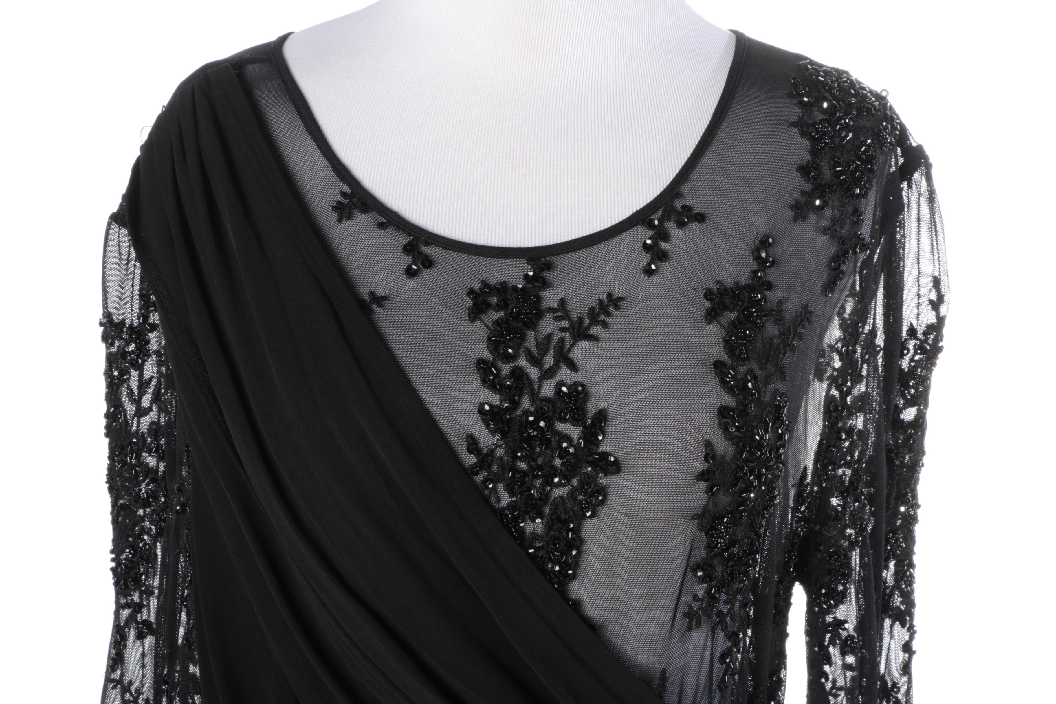 ABS Allen Swartz Embellished Black Evening Dress with Lace