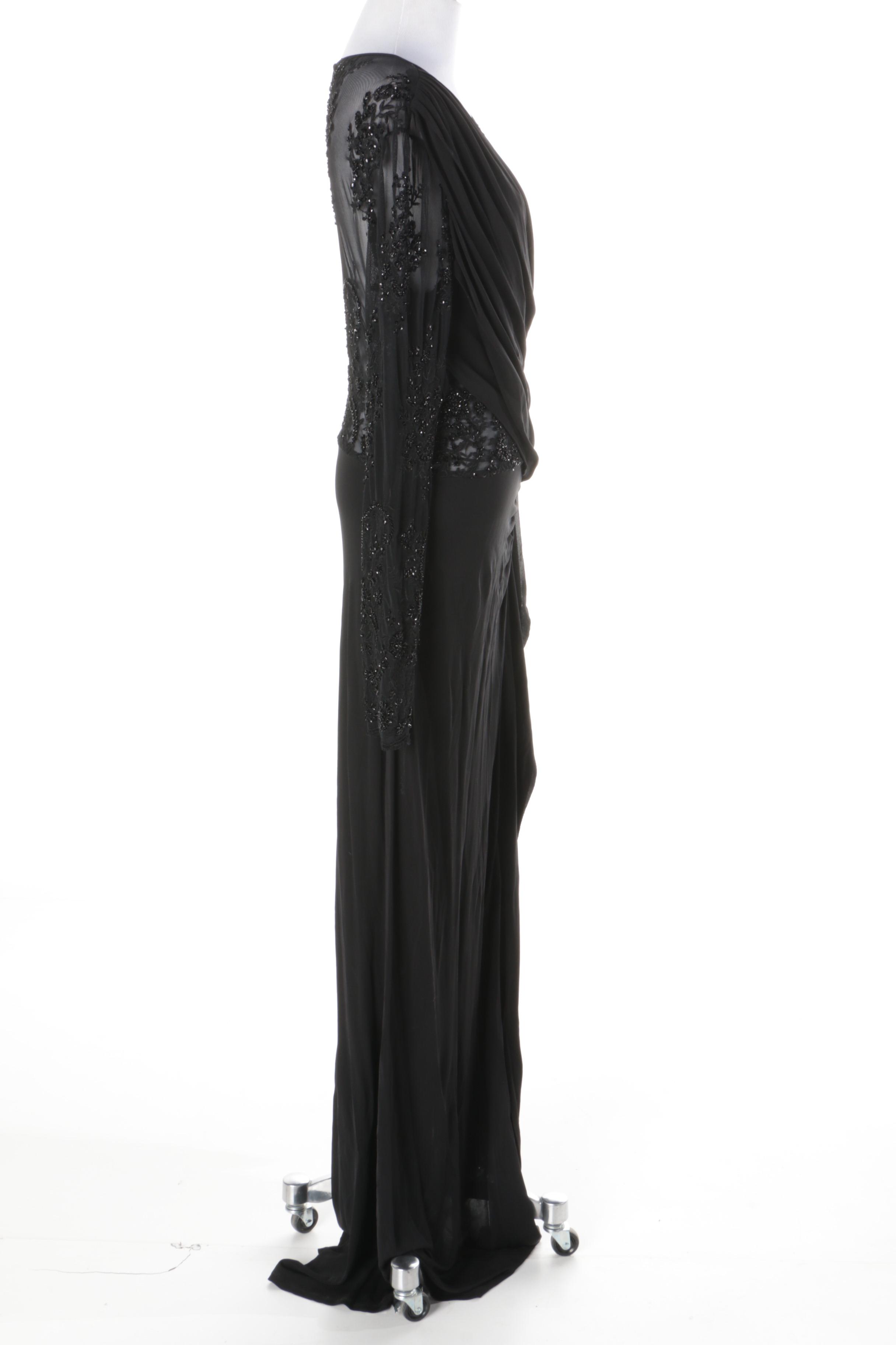 ABS Allen Swartz Embellished Black Evening Dress with Lace