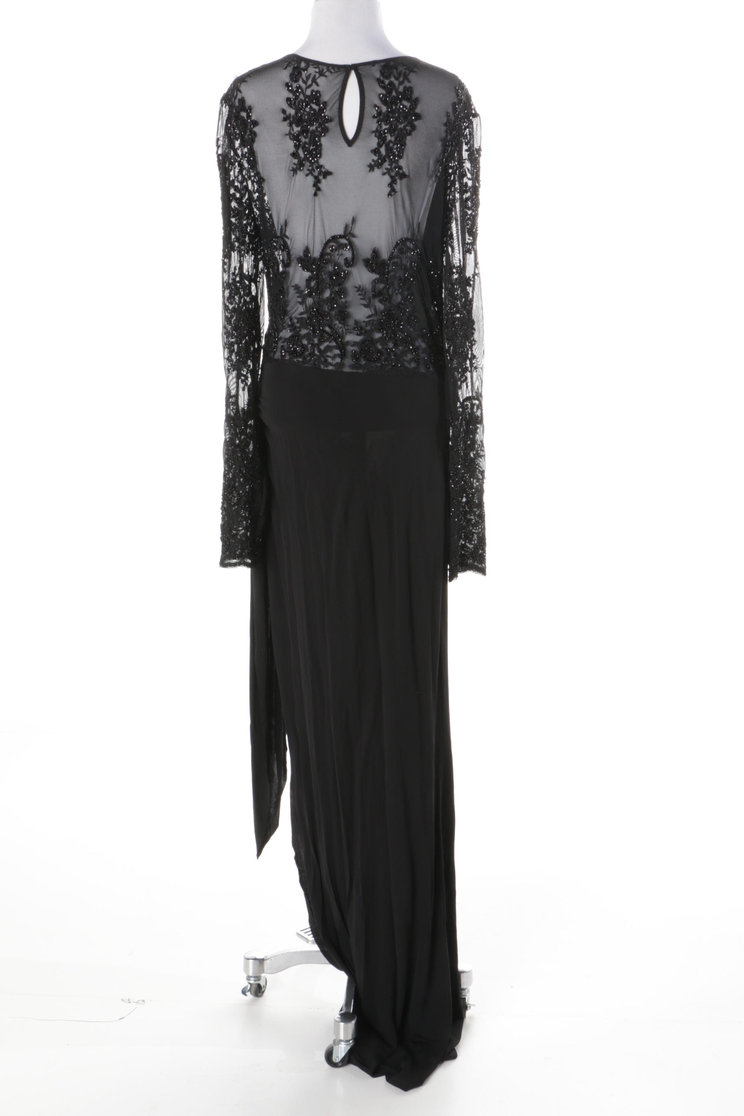 ABS Allen Swartz Embellished Black Evening Dress with Lace