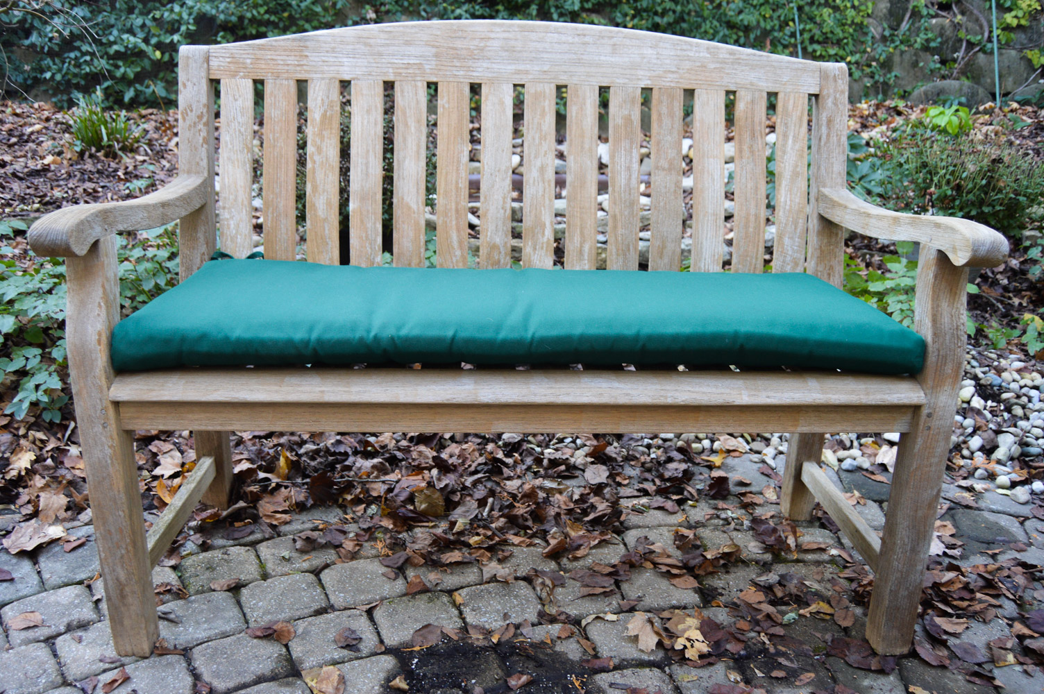 Unfinished Wood Garden Bench with Green Cushion