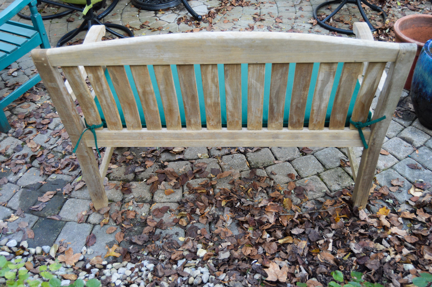 Unfinished Wood Garden Bench with Green Cushion