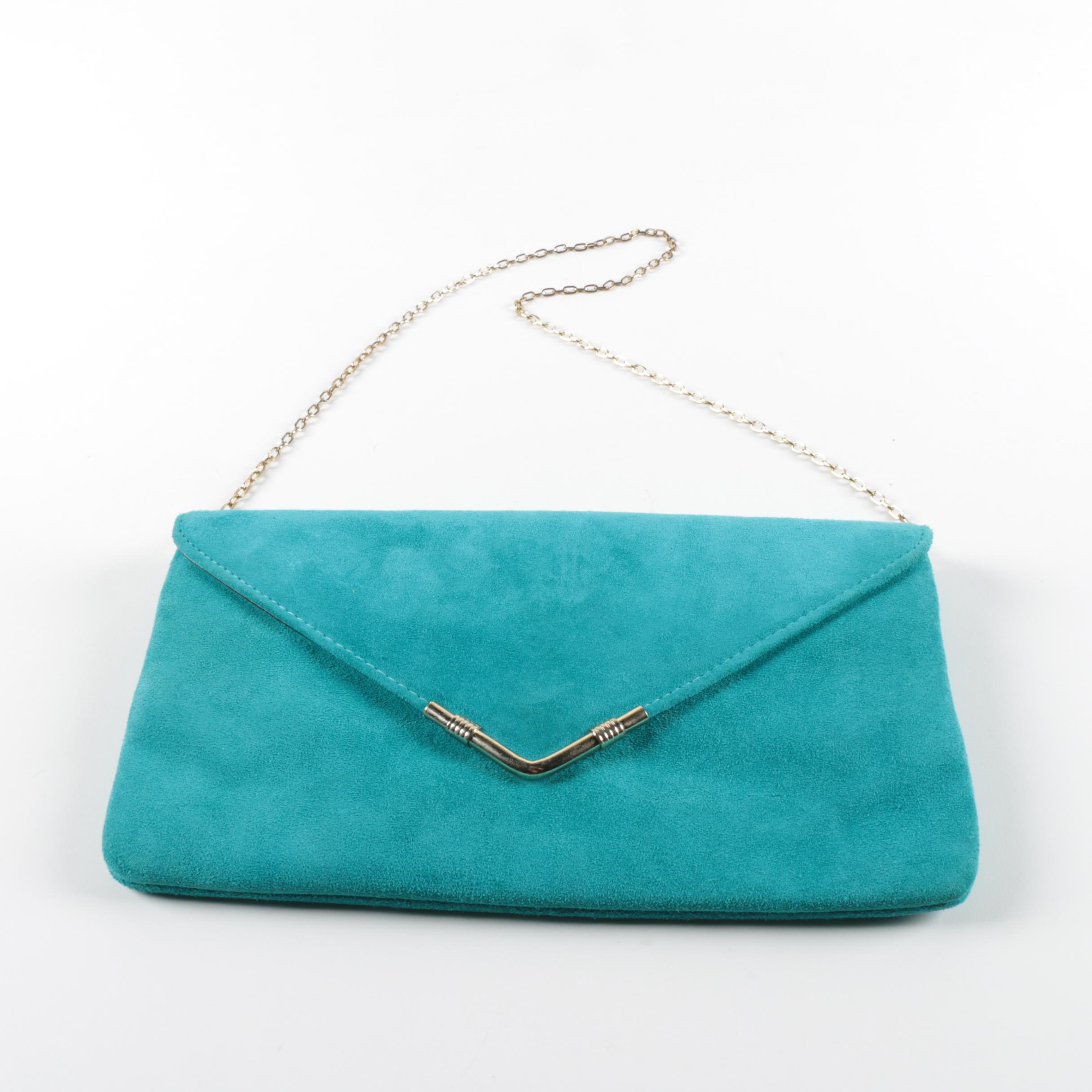 Vintage 1980s Bright Aqua Suede Envelope Handbag