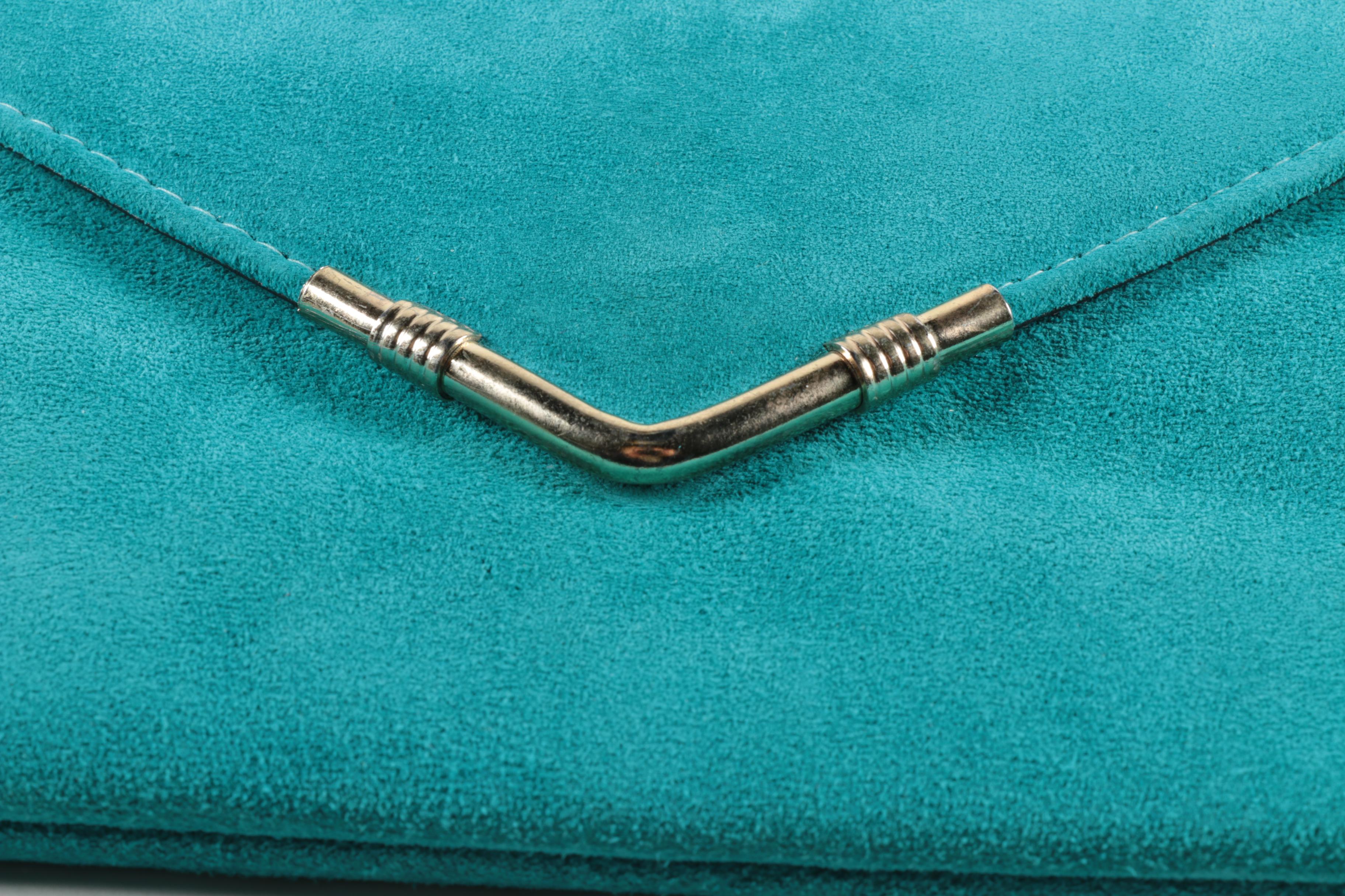 Vintage 1980s Bright Aqua Suede Envelope Handbag