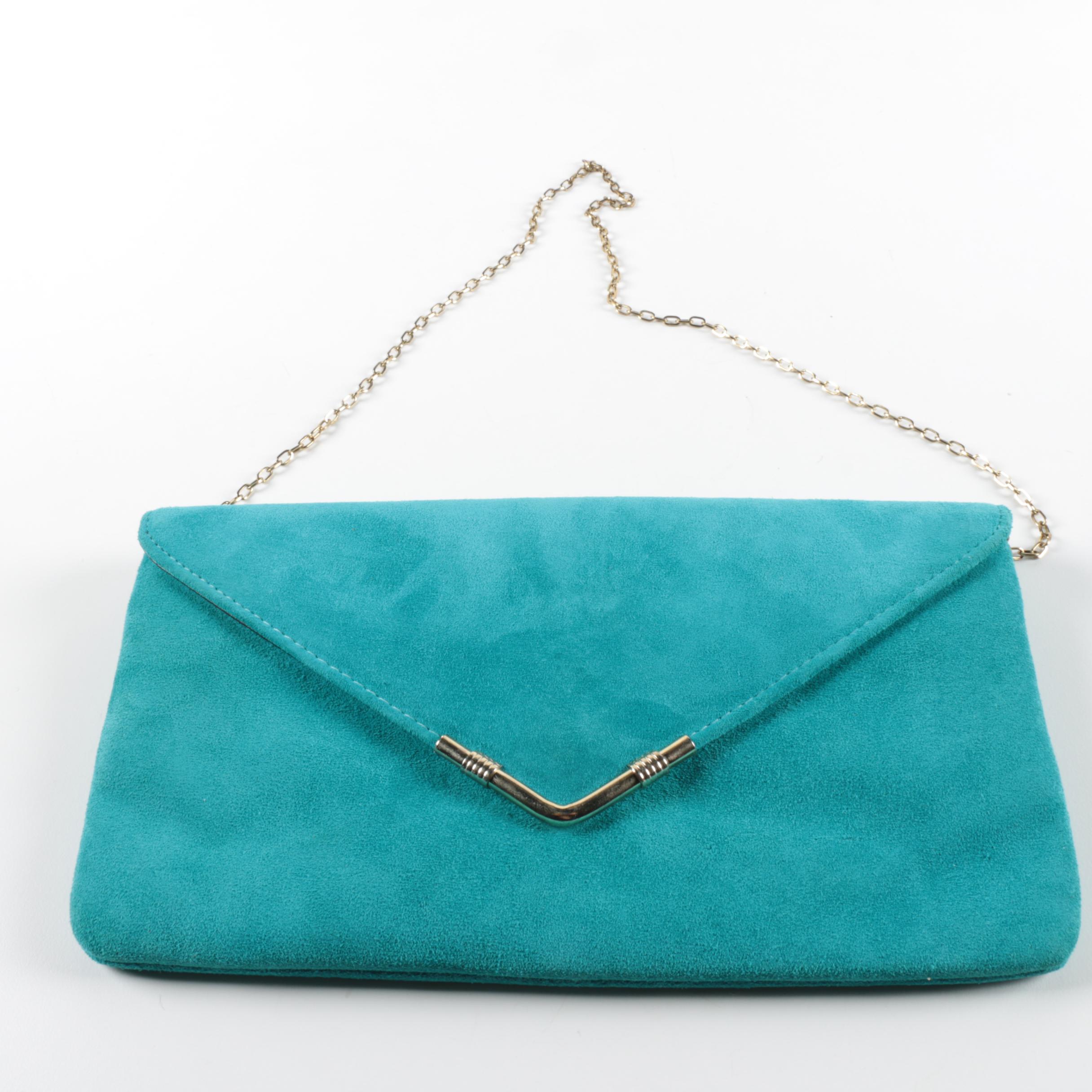 Vintage 1980s Bright Aqua Suede Envelope Handbag