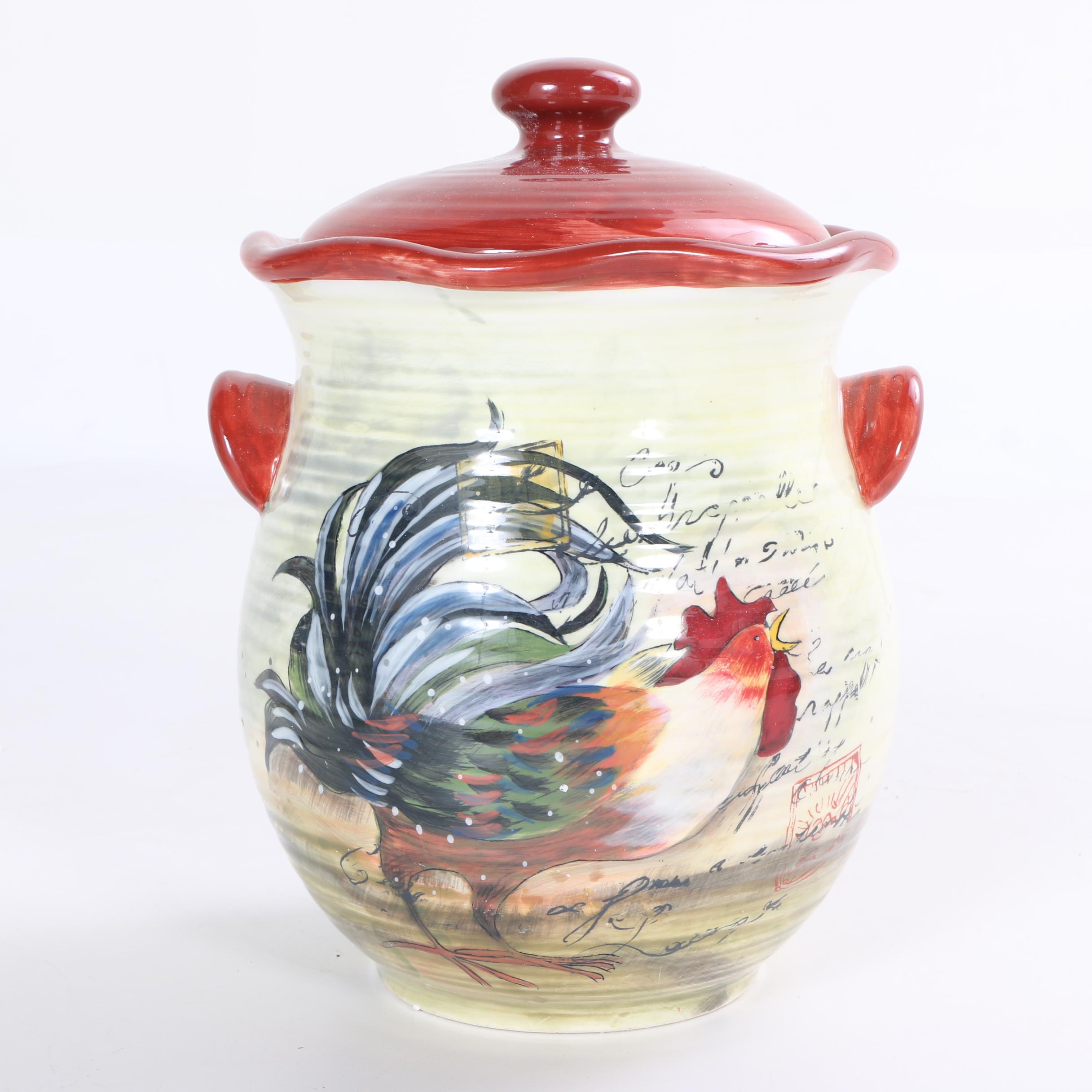 Hand-Painted Susan Winget "Le Rooster" Ceramic Storage Canisters