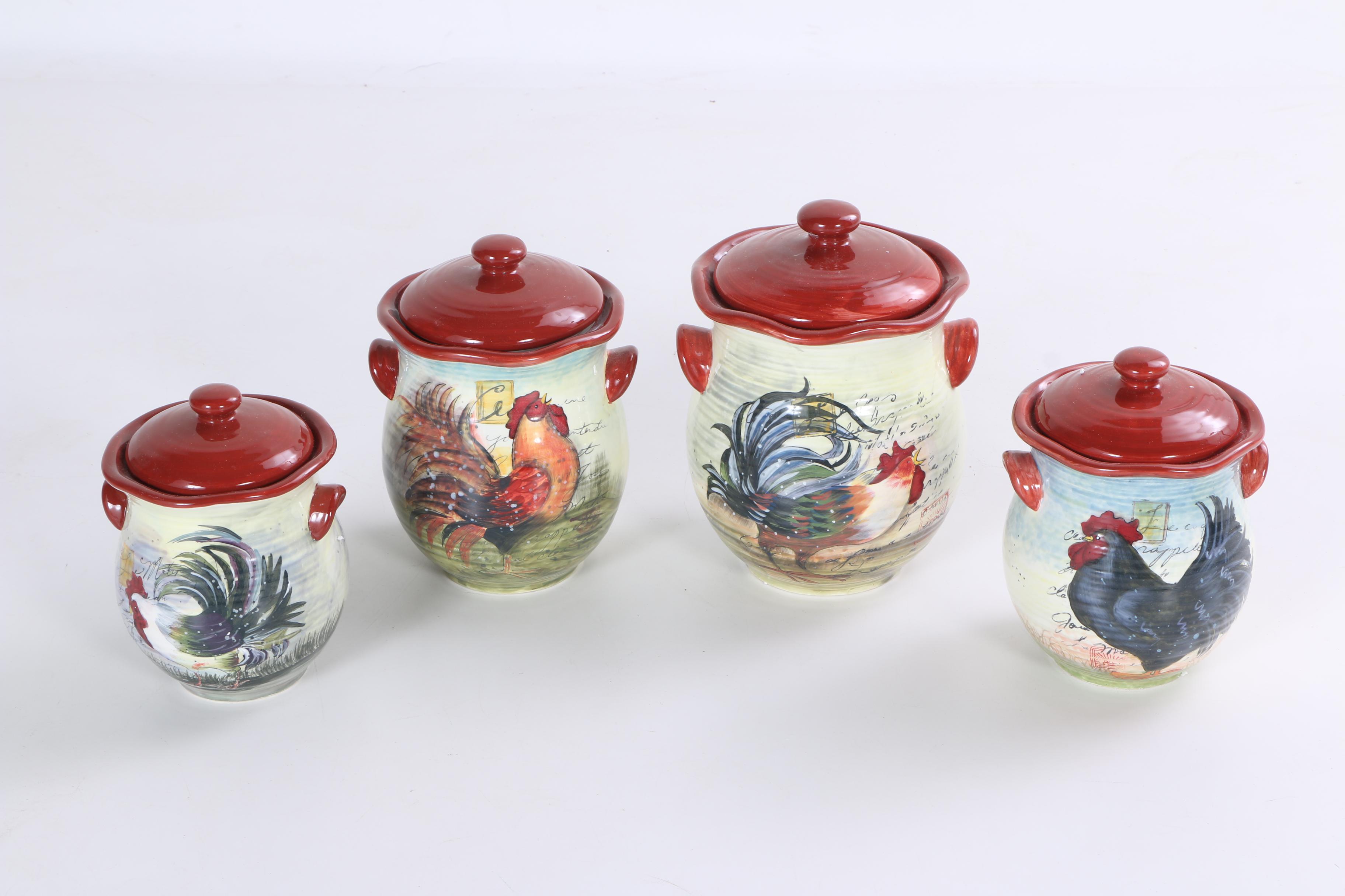 Hand-Painted Susan Winget "Le Rooster" Ceramic Storage Canisters