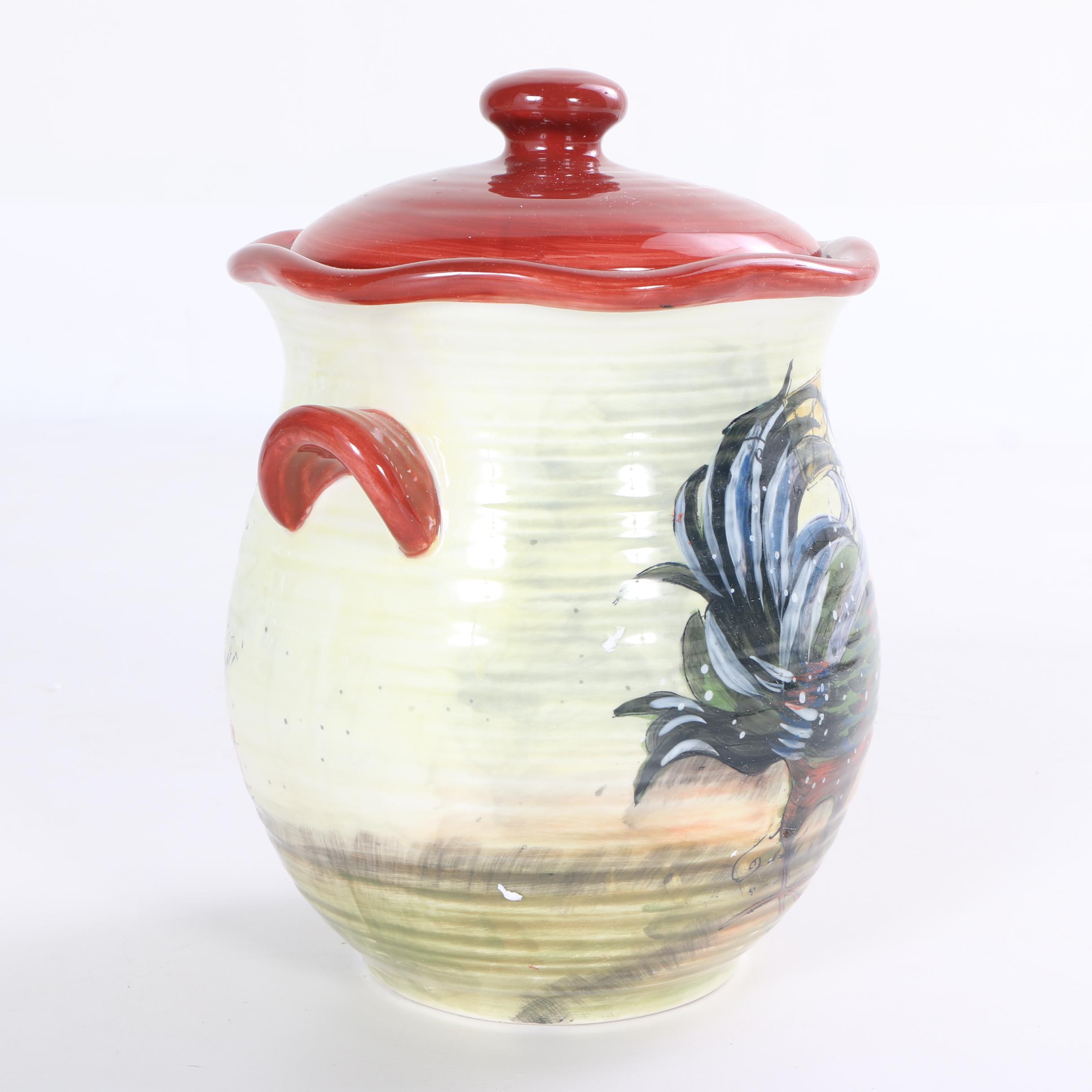 Hand-Painted Susan Winget "Le Rooster" Ceramic Storage Canisters