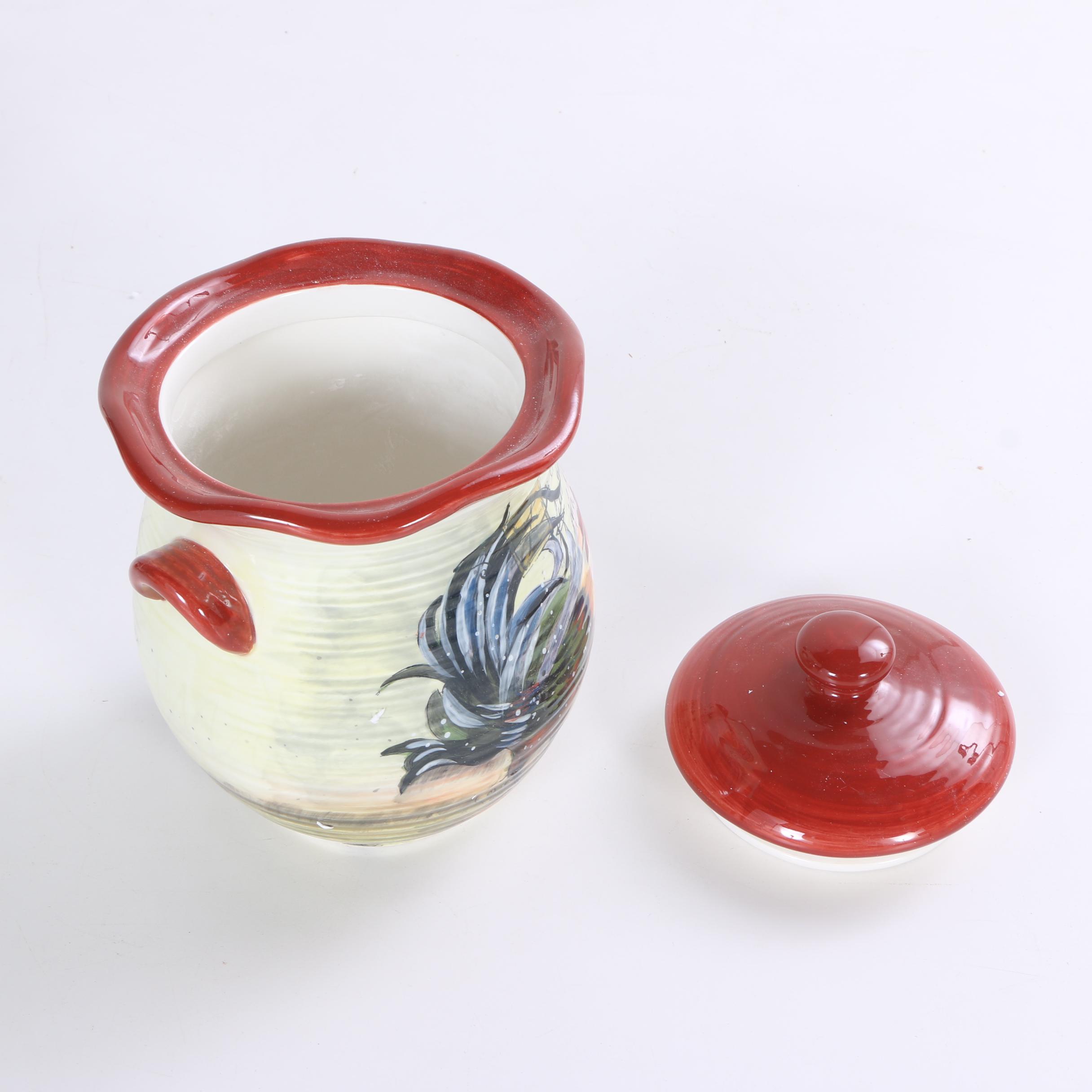 Hand-Painted Susan Winget "Le Rooster" Ceramic Storage Canisters