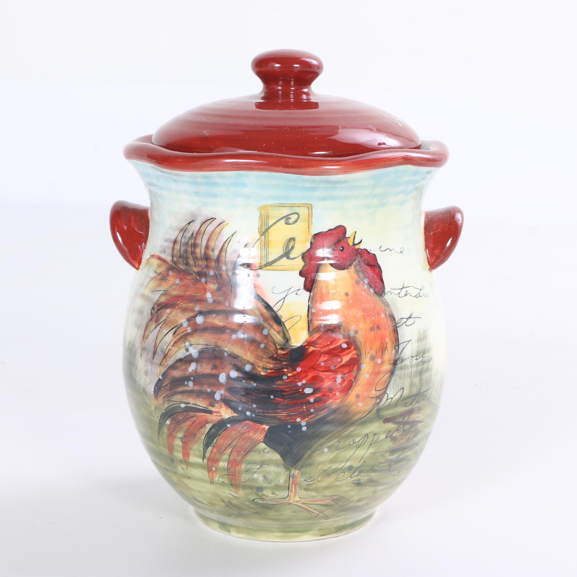Hand-Painted Susan Winget "Le Rooster" Ceramic Storage Canisters
