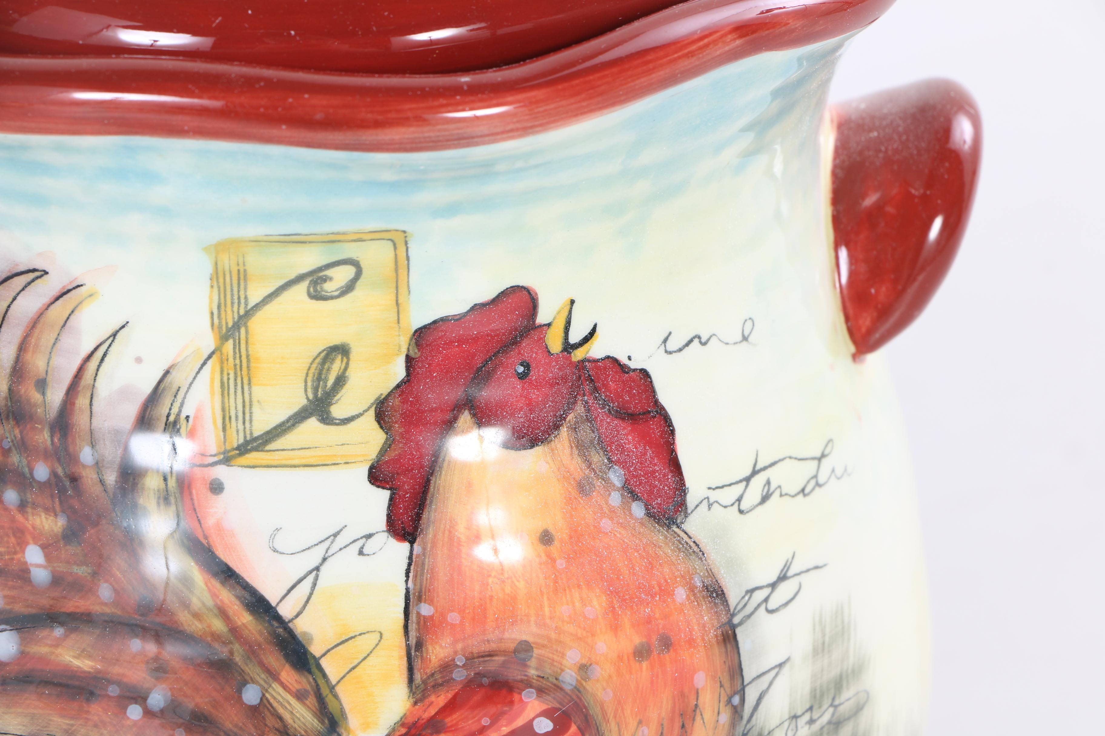Hand-Painted Susan Winget "Le Rooster" Ceramic Storage Canisters