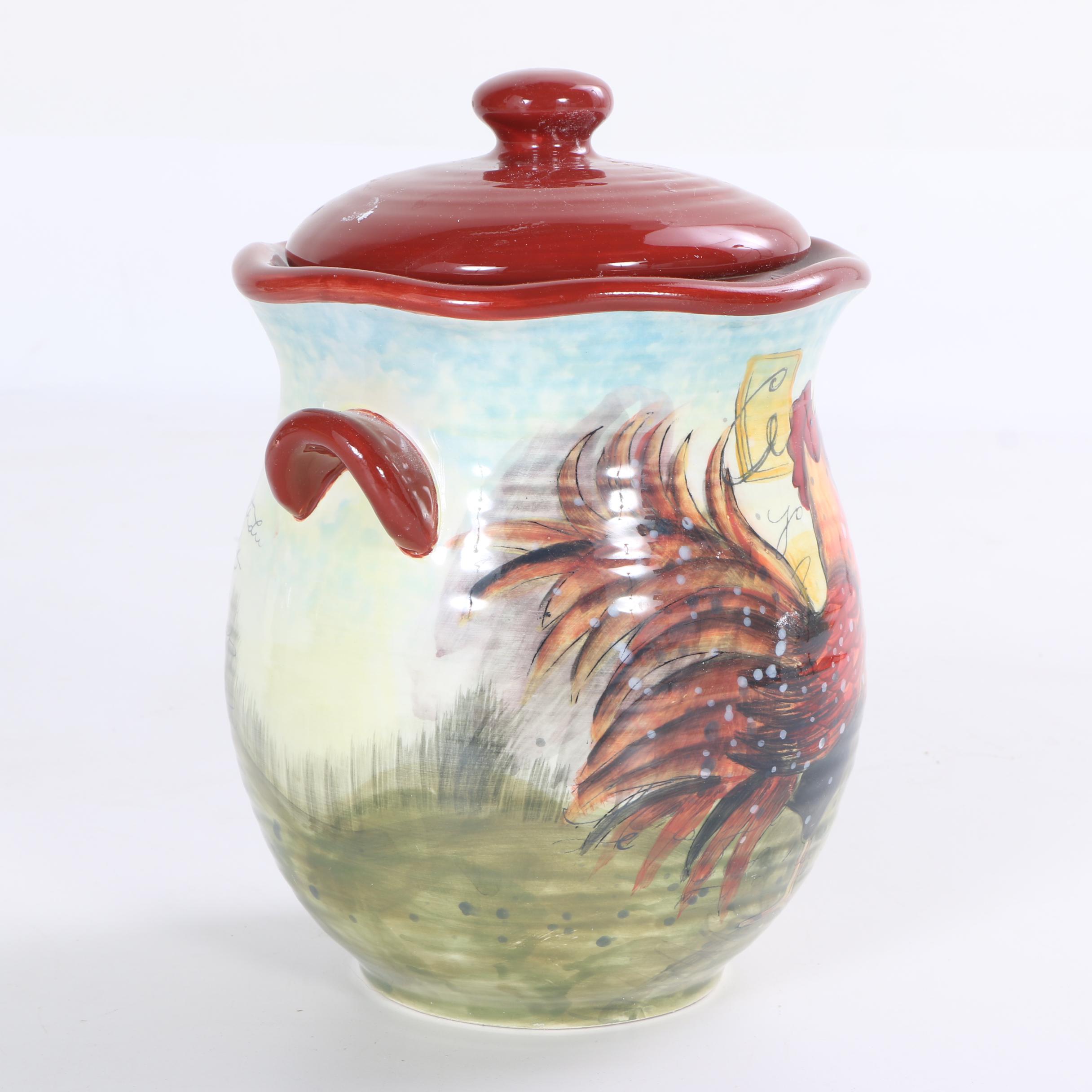 Hand-Painted Susan Winget "Le Rooster" Ceramic Storage Canisters