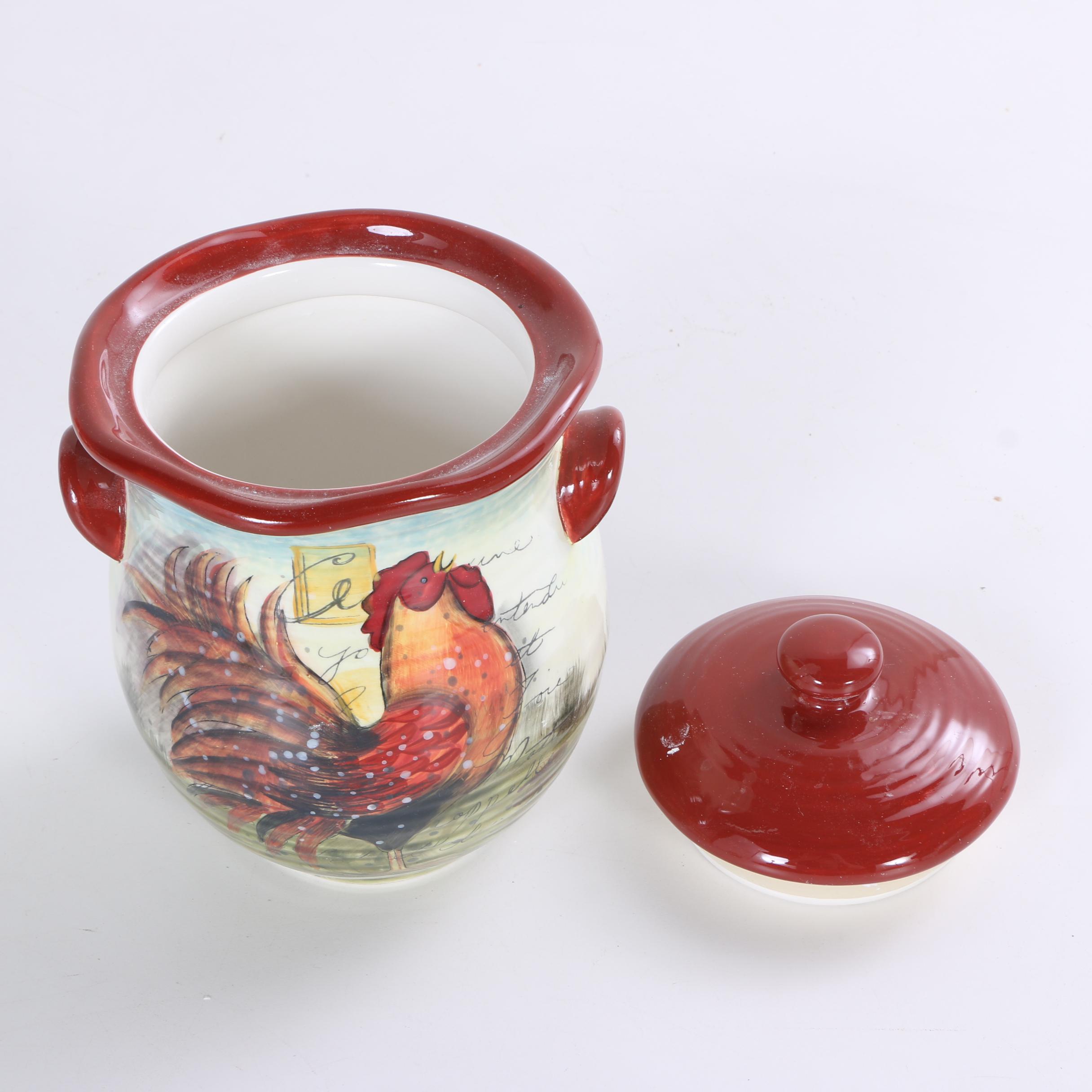 Hand-Painted Susan Winget "Le Rooster" Ceramic Storage Canisters