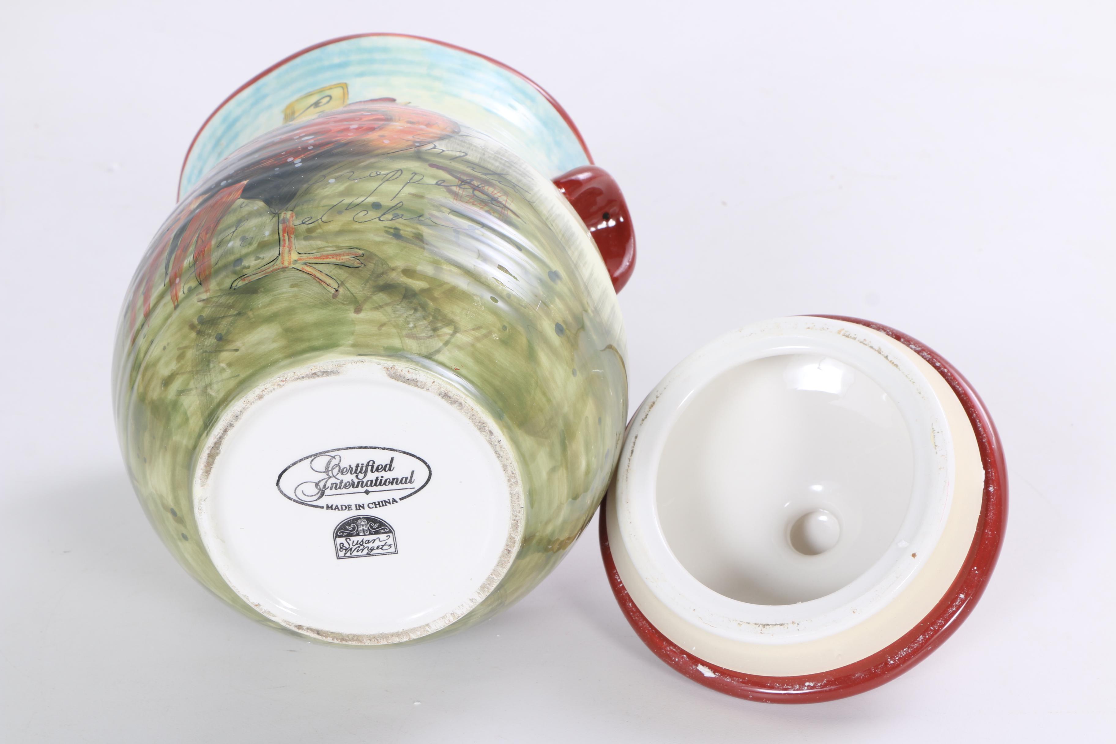 Hand-Painted Susan Winget "Le Rooster" Ceramic Storage Canisters