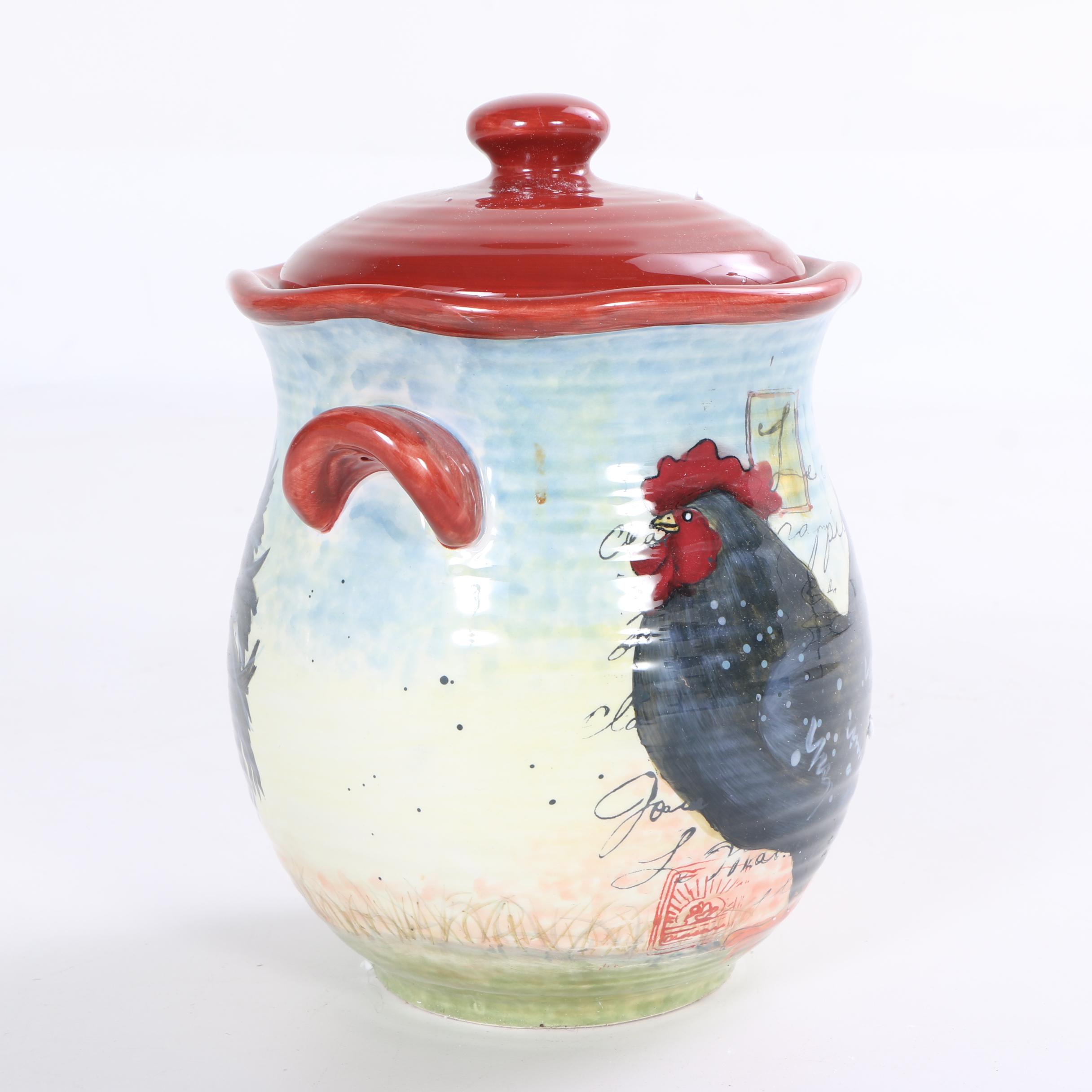 Hand-Painted Susan Winget "Le Rooster" Ceramic Storage Canisters