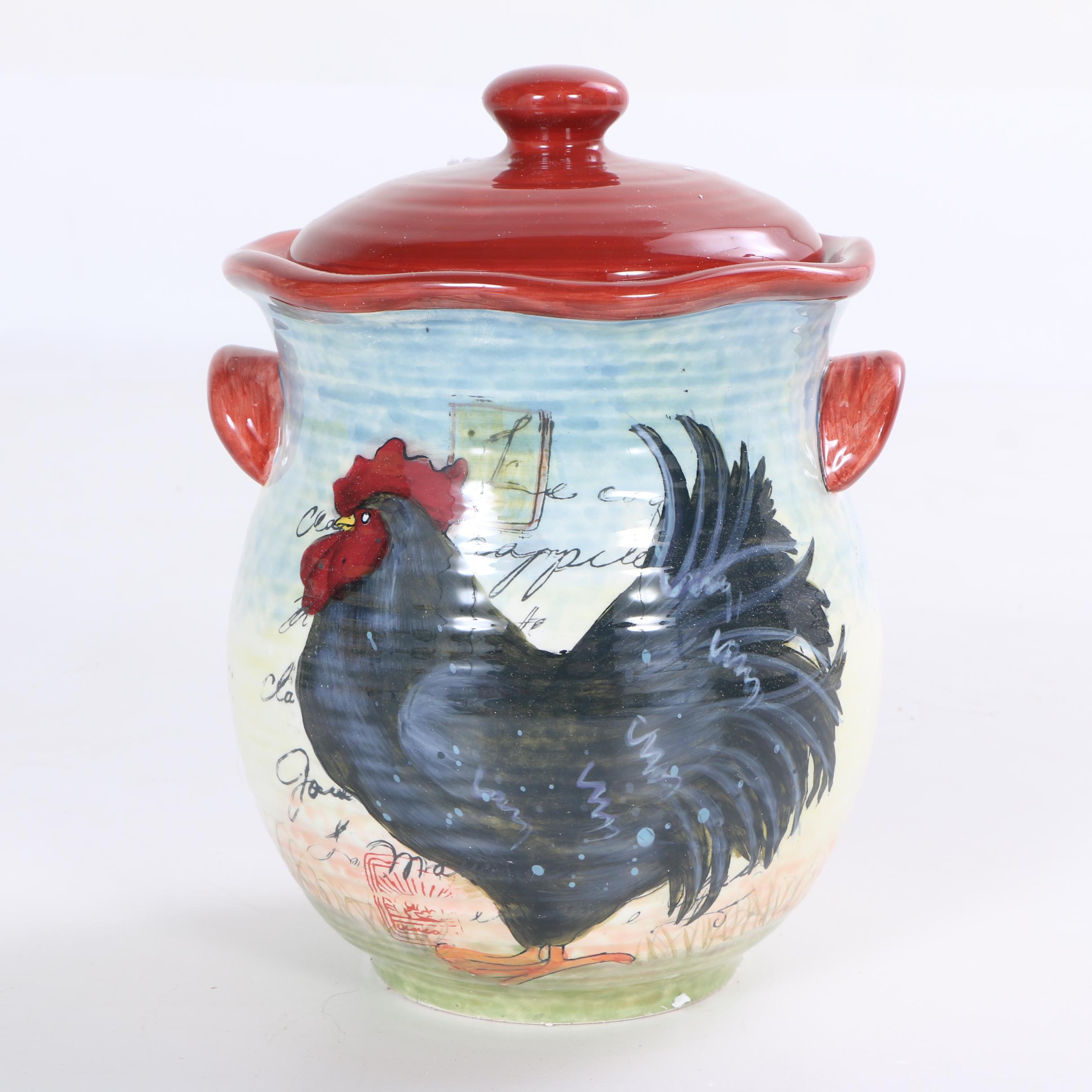 Hand-Painted Susan Winget "Le Rooster" Ceramic Storage Canisters