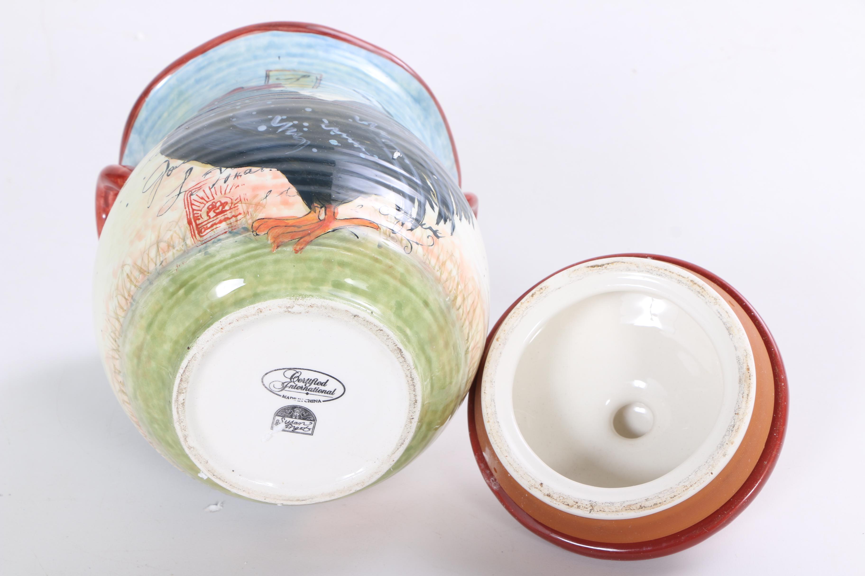 Hand-Painted Susan Winget "Le Rooster" Ceramic Storage Canisters