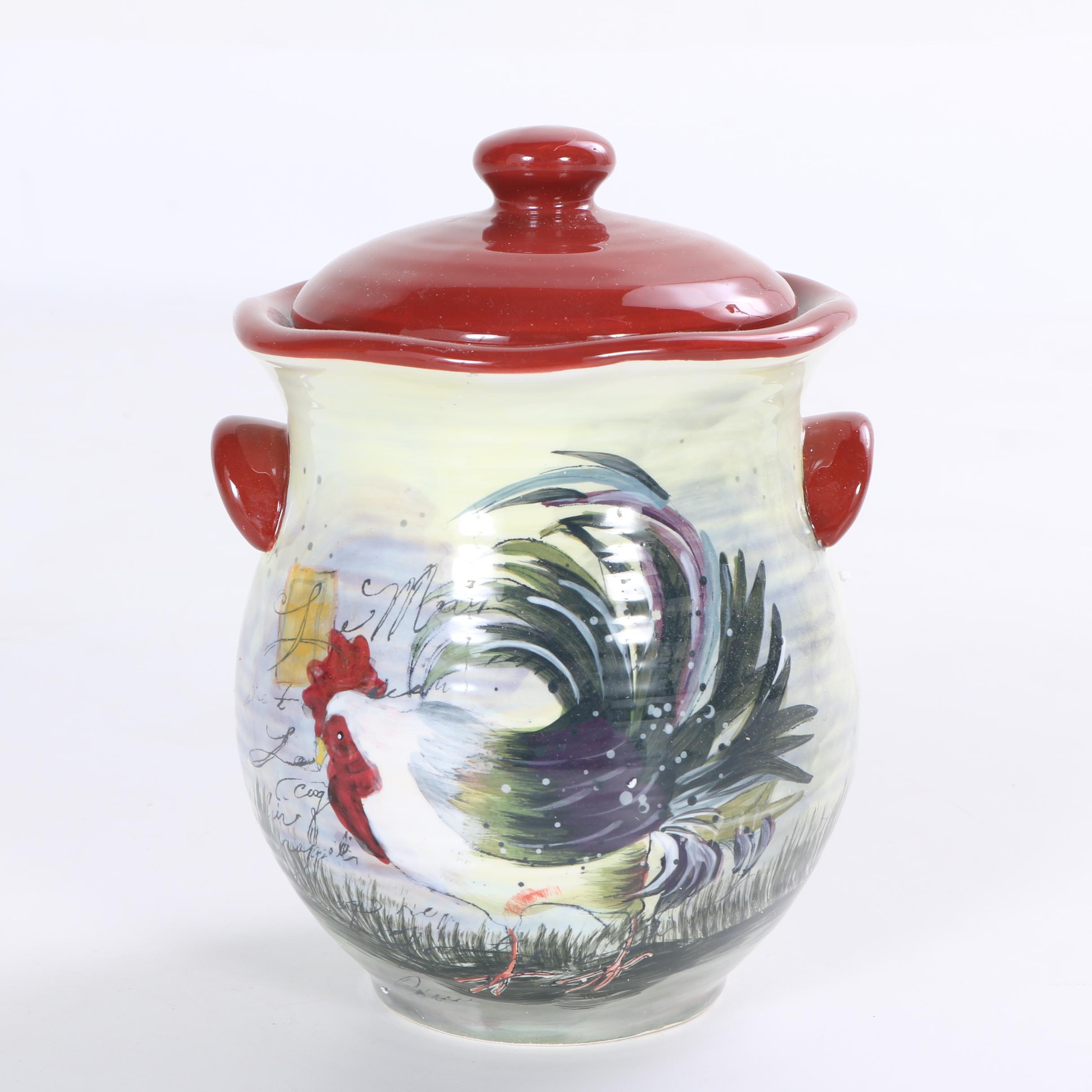 Hand-Painted Susan Winget "Le Rooster" Ceramic Storage Canisters
