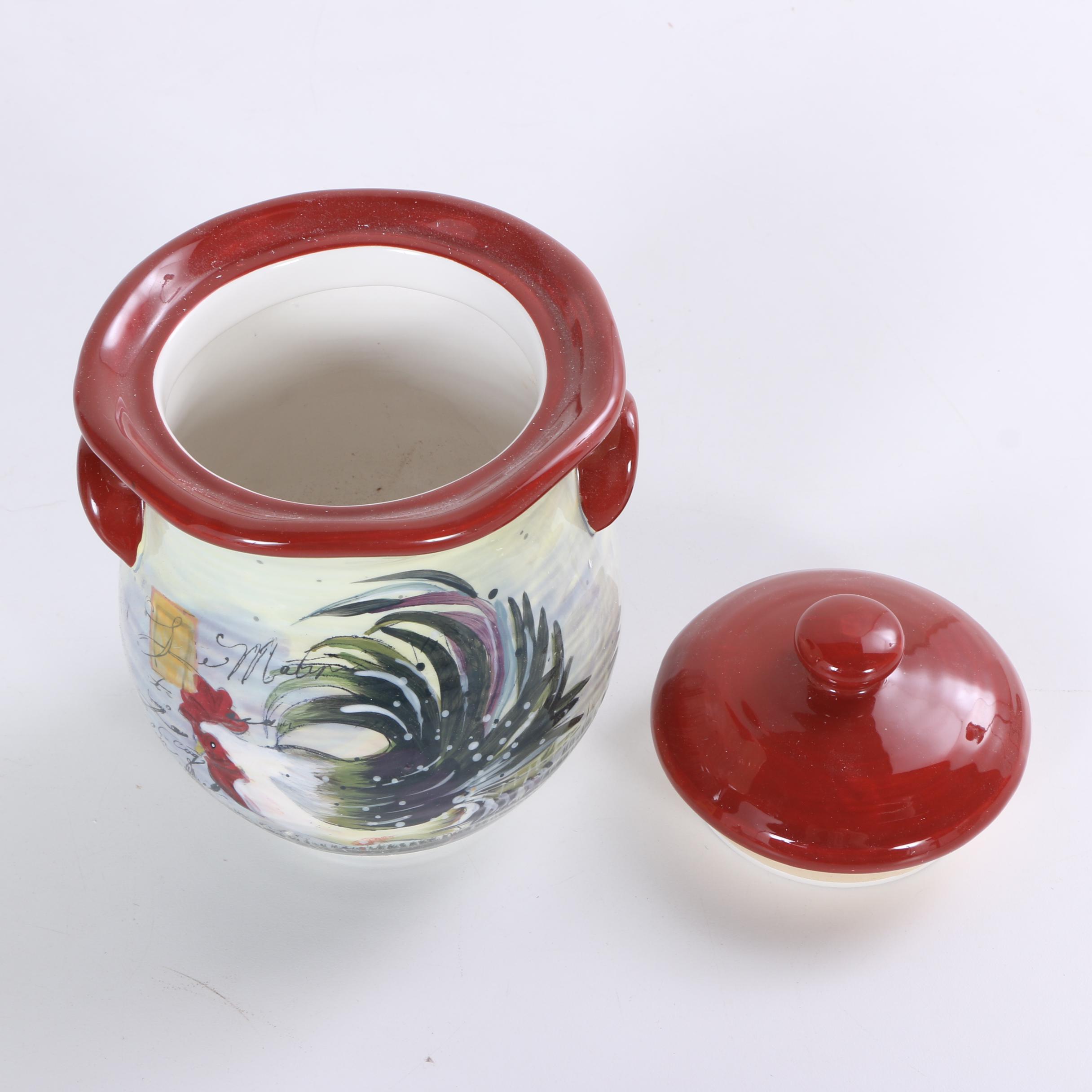 Hand-Painted Susan Winget "Le Rooster" Ceramic Storage Canisters