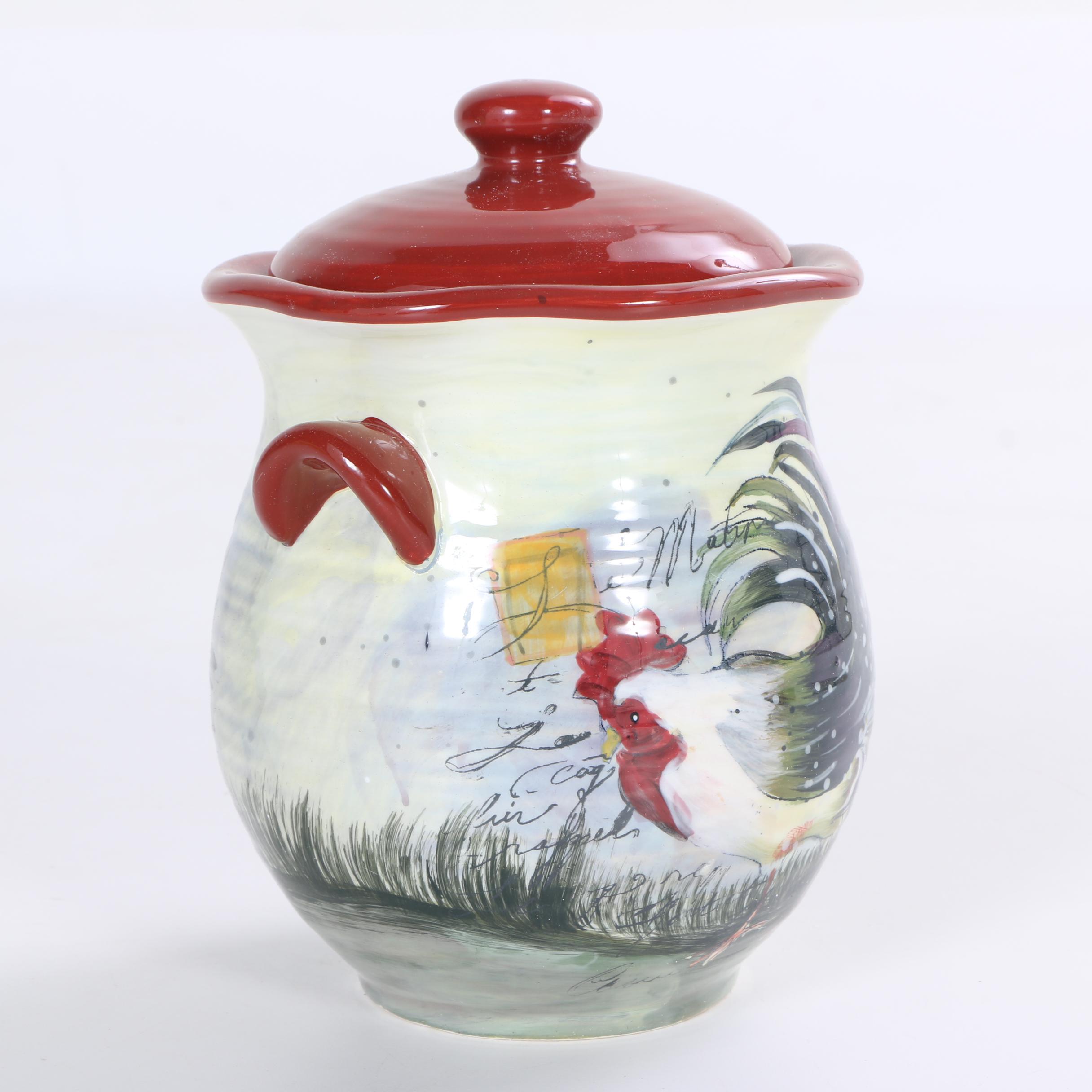Hand-Painted Susan Winget "Le Rooster" Ceramic Storage Canisters