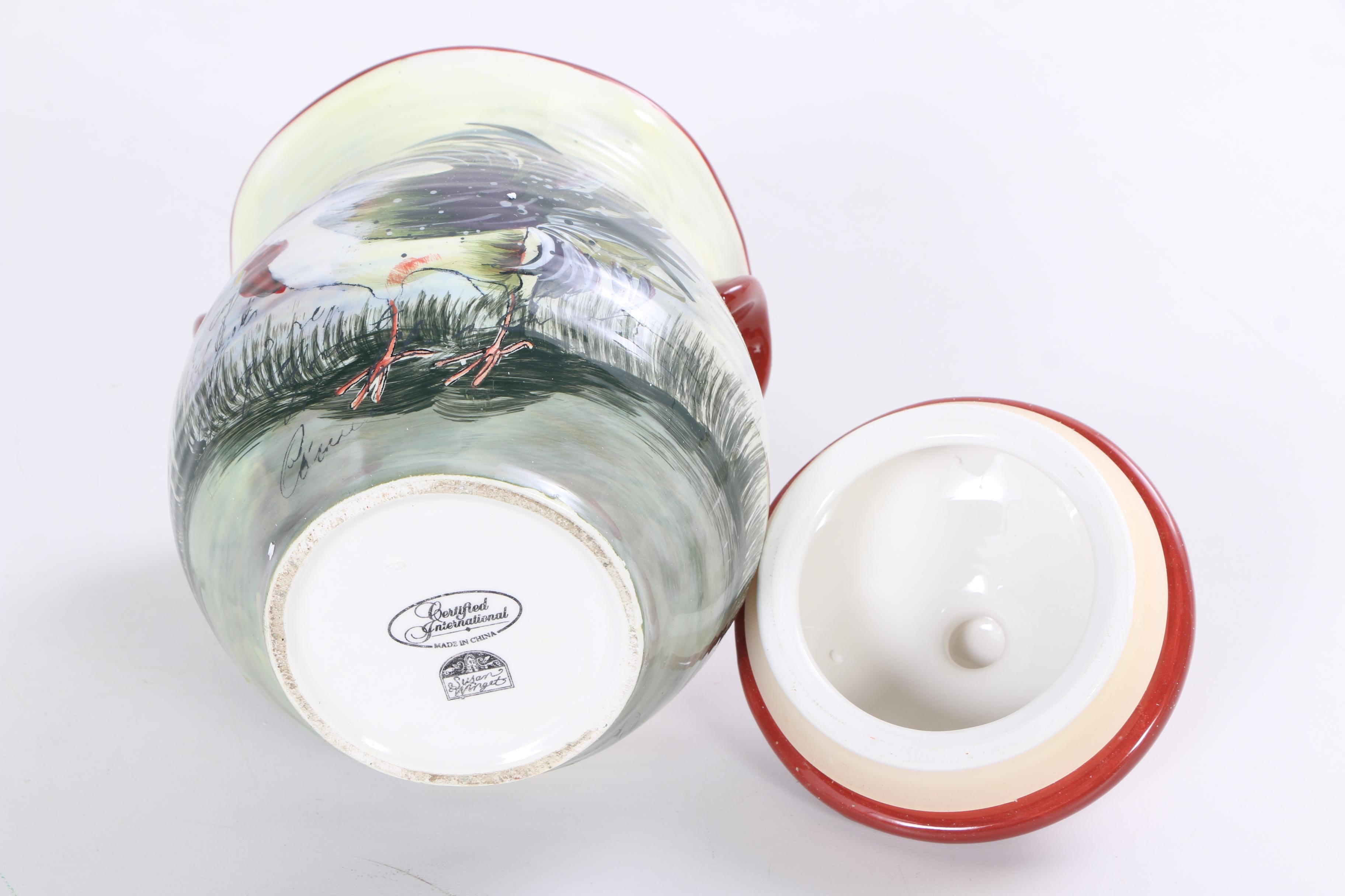 Hand-Painted Susan Winget "Le Rooster" Ceramic Storage Canisters