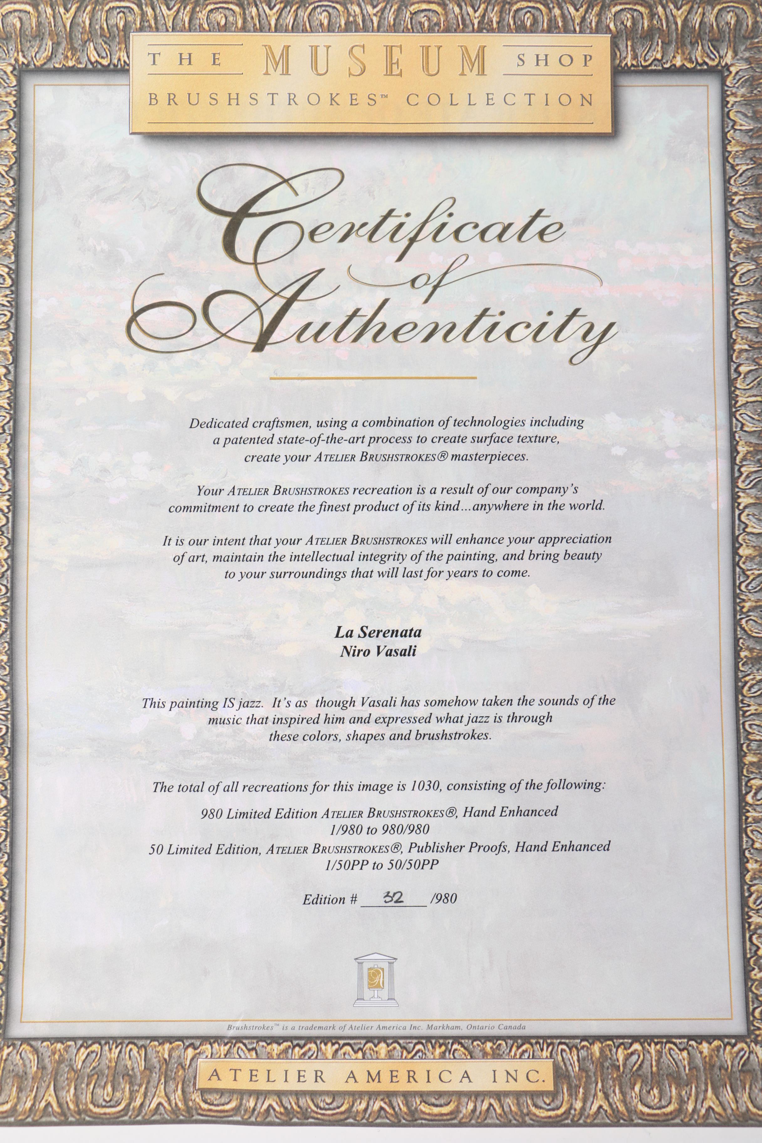 Embellished Offset Lithograph on Canvas After Nino Vasali "La Serenata"