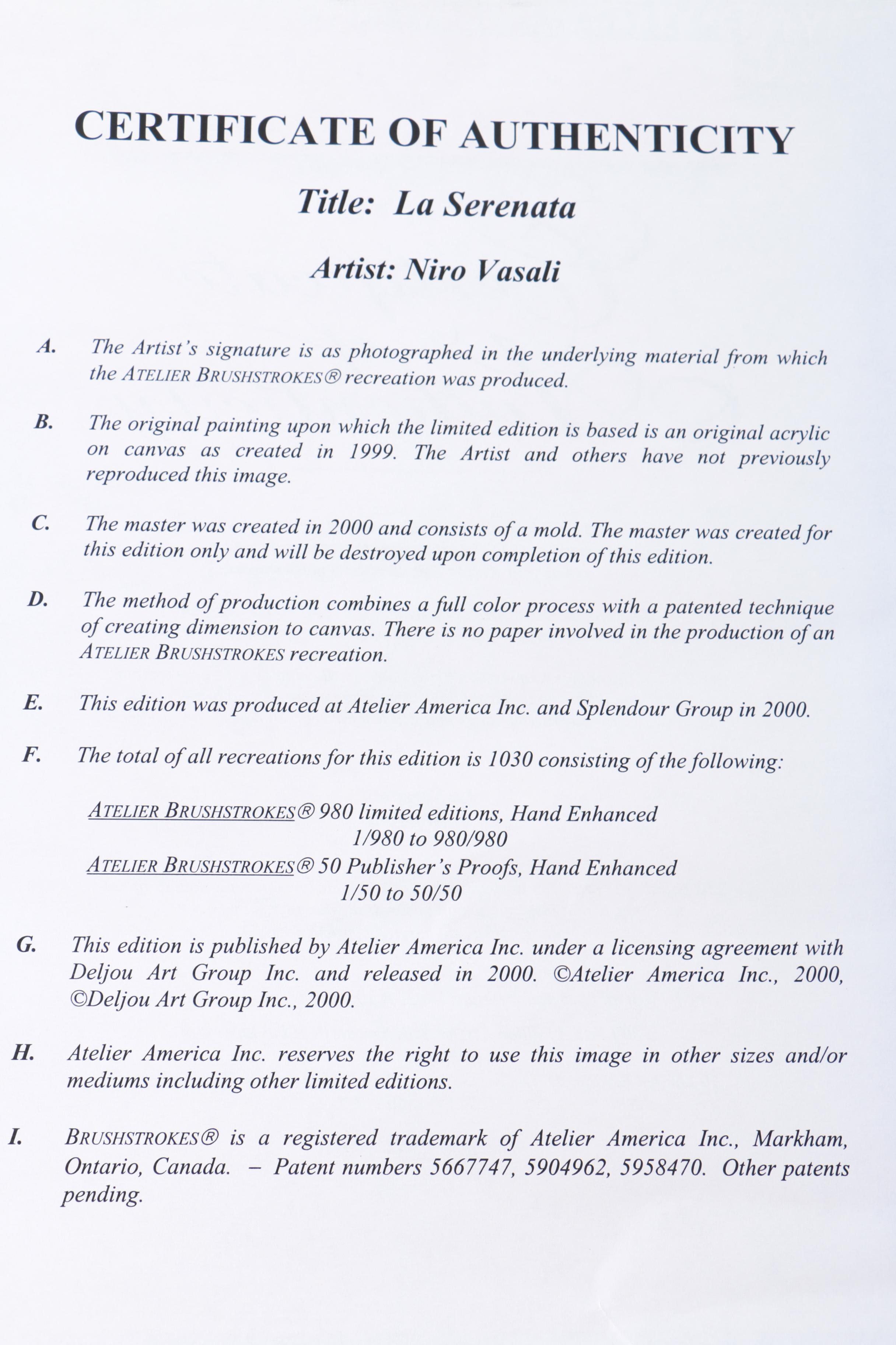 Embellished Offset Lithograph on Canvas After Nino Vasali "La Serenata"