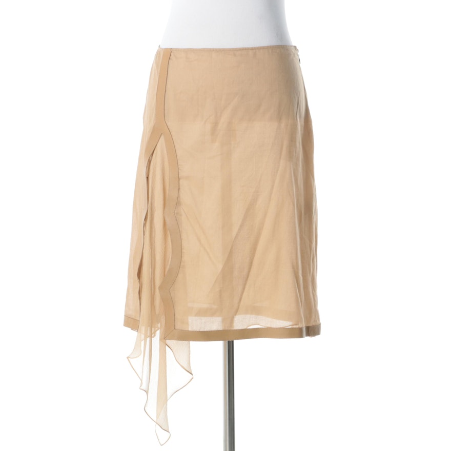 Fendi Sheer Silk Blend Skirt with Leather Trim