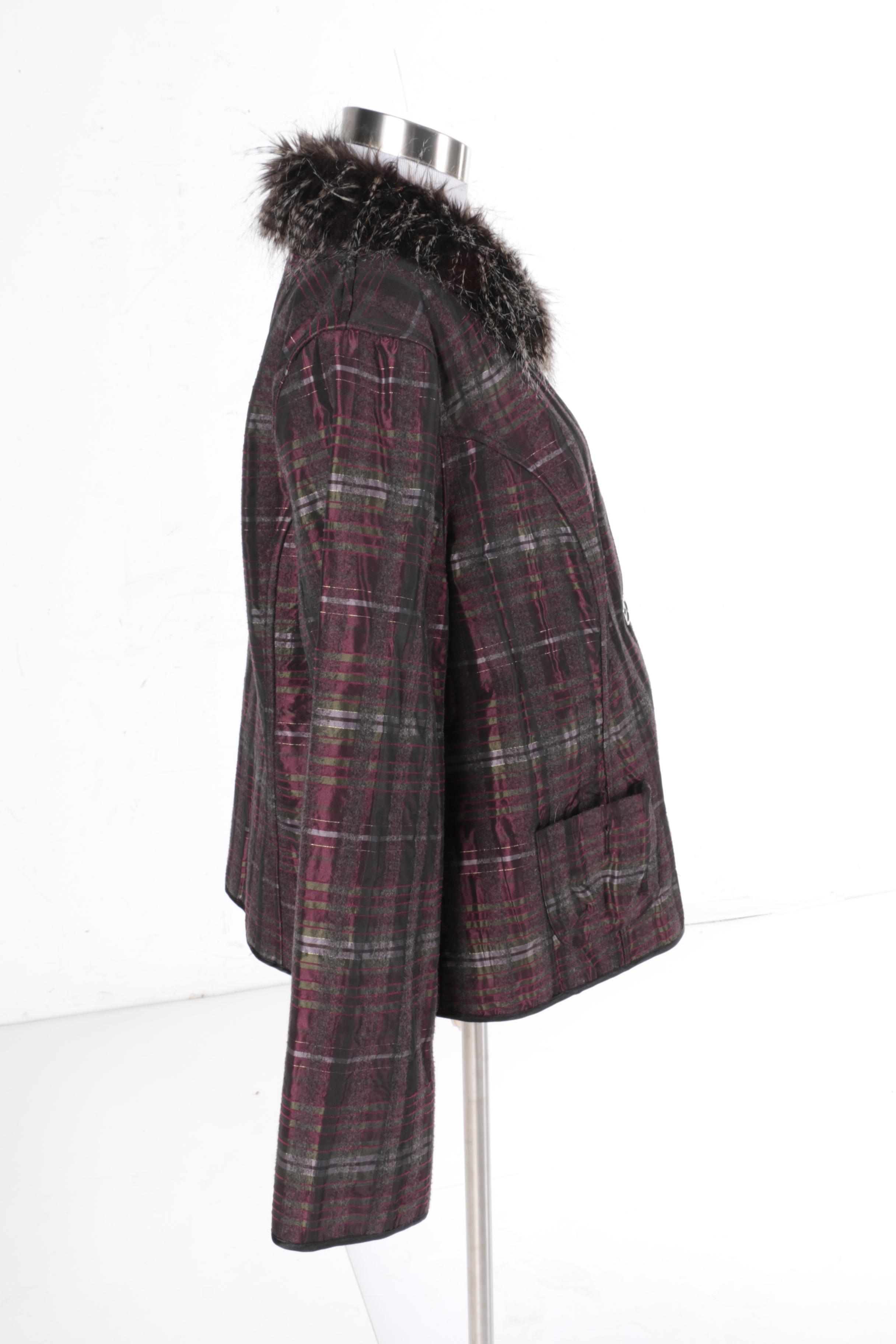 Women's Plaid Jacket with Faux Fur Collar