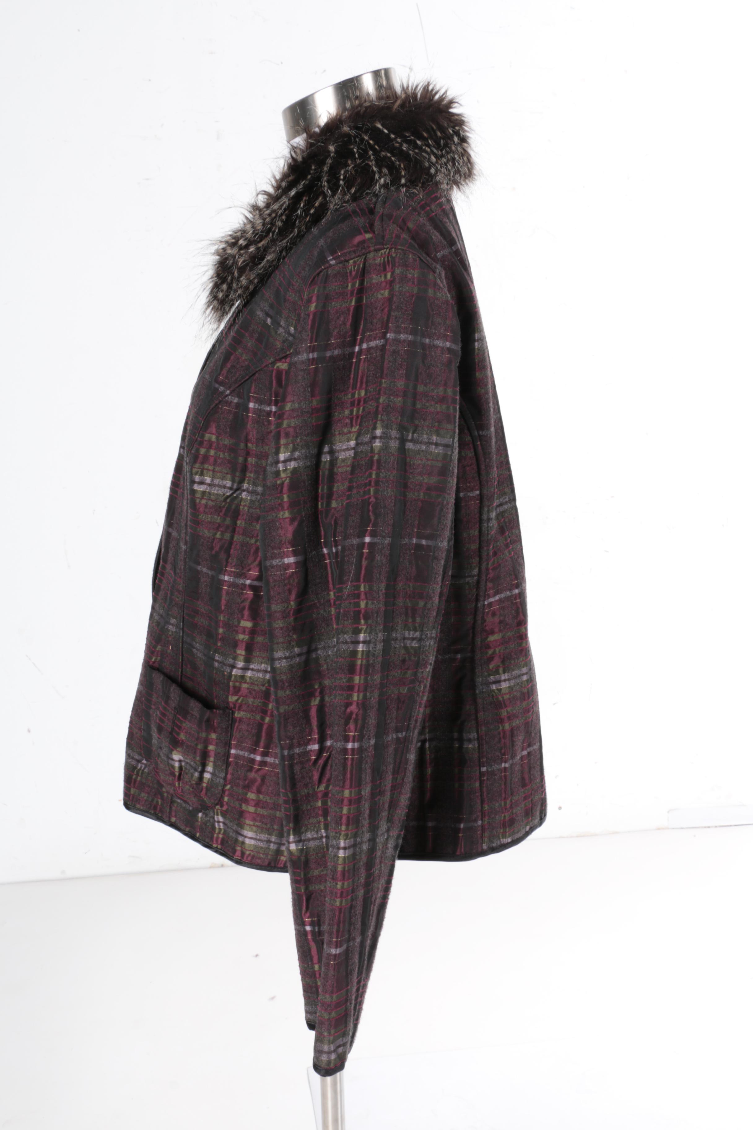 Women's Plaid Jacket with Faux Fur Collar