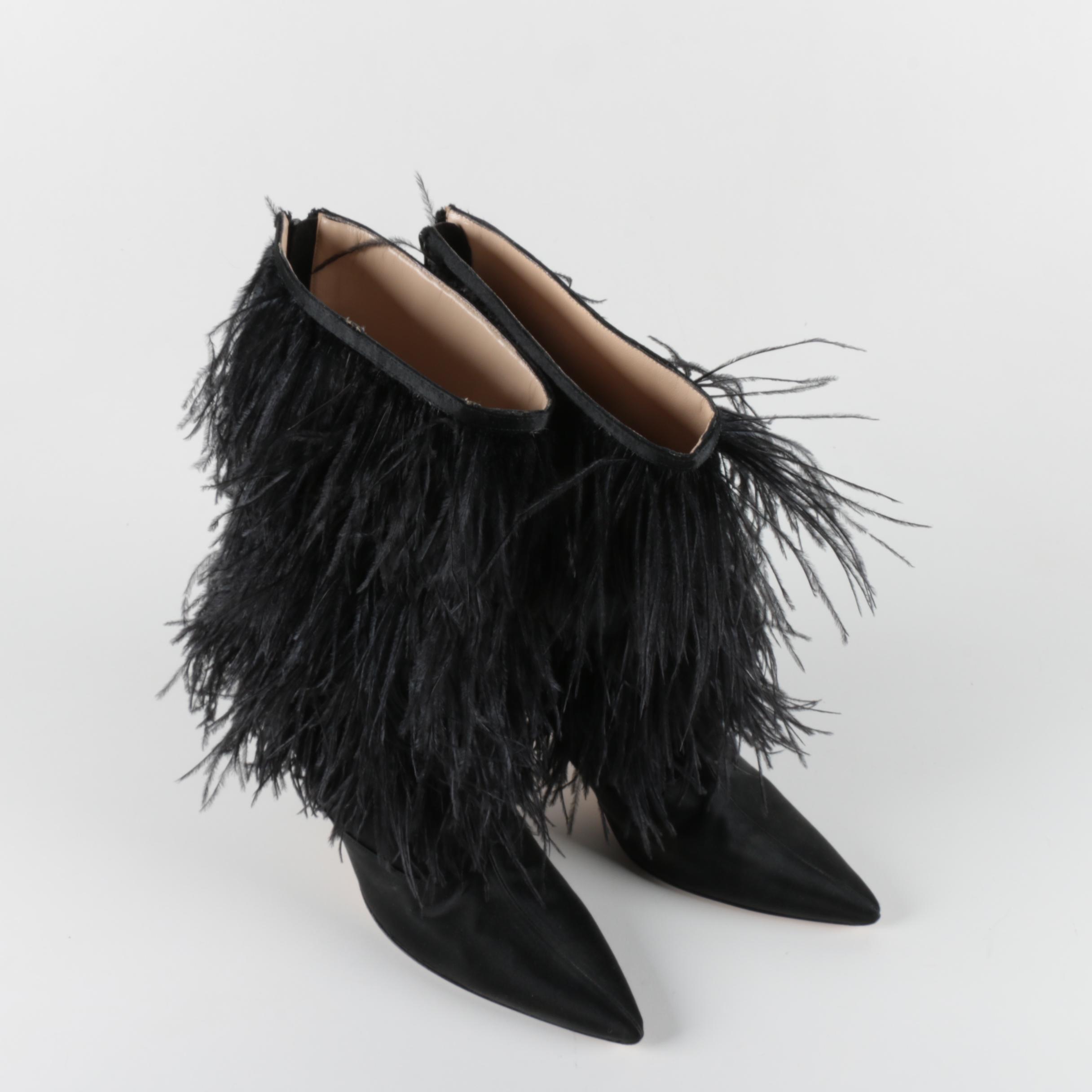 Manolo Blahnik Black Feather Fringe Stiletto Heeled Boots