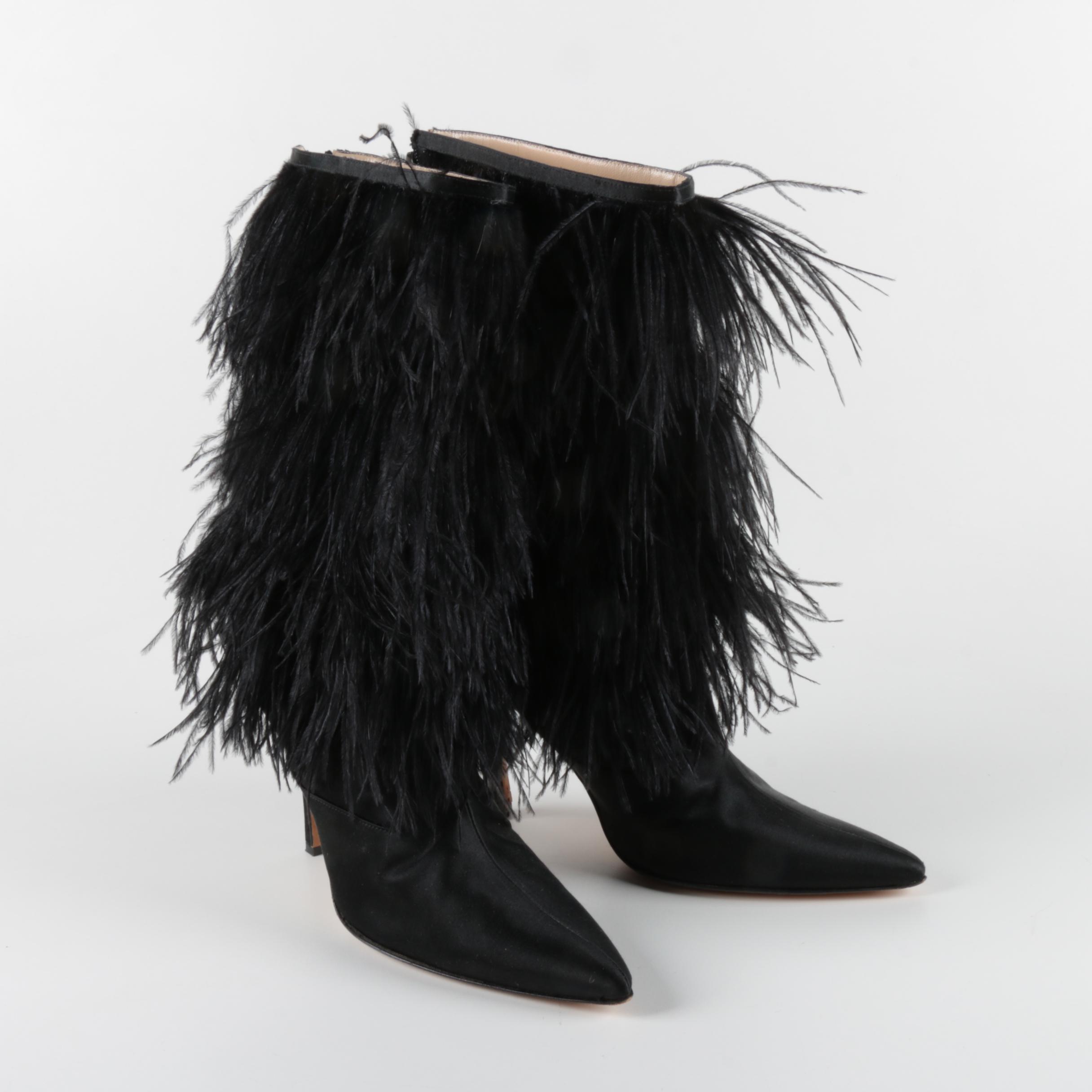 Manolo Blahnik Black Feather Fringe Stiletto Heeled Boots
