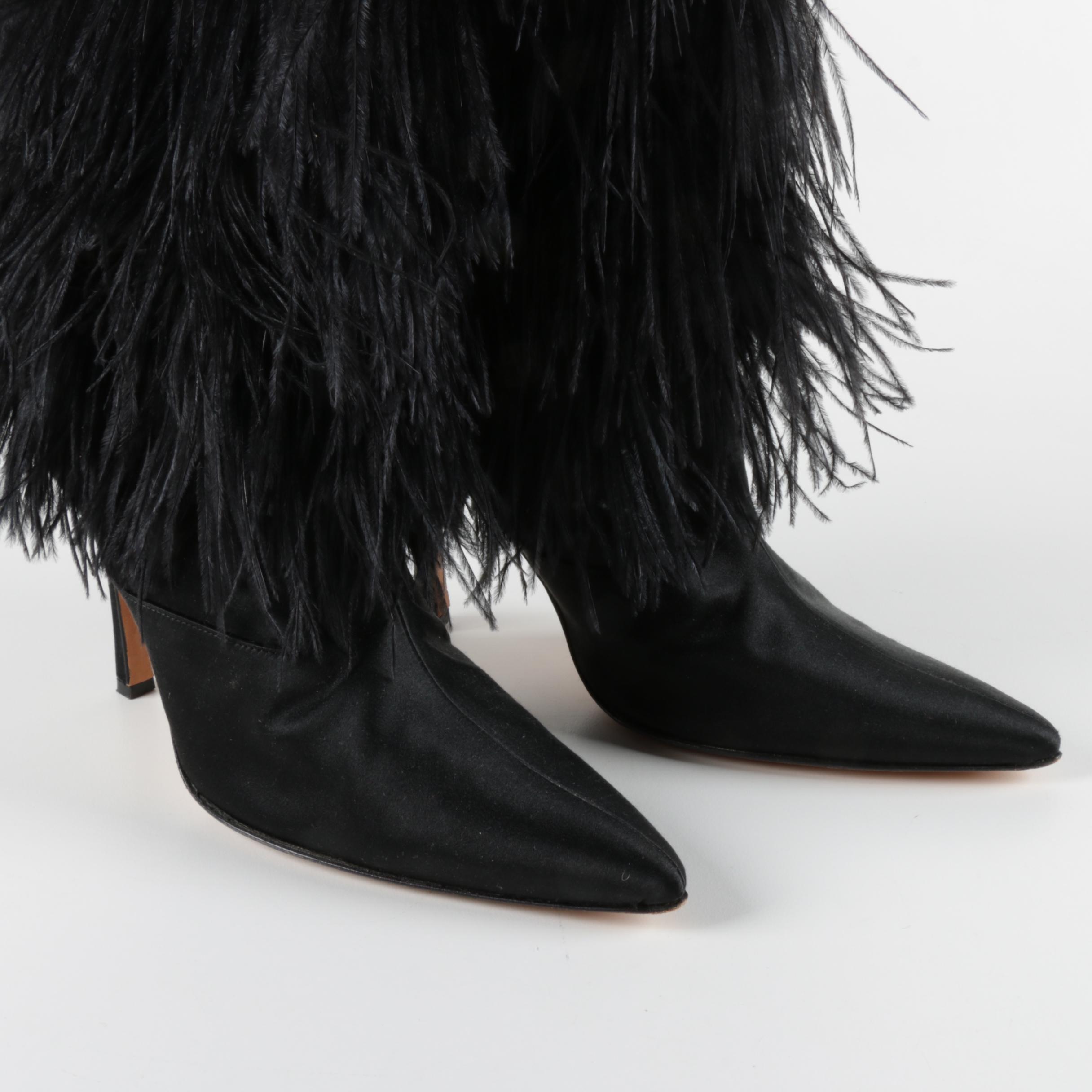 Manolo Blahnik Black Feather Fringe Stiletto Heeled Boots