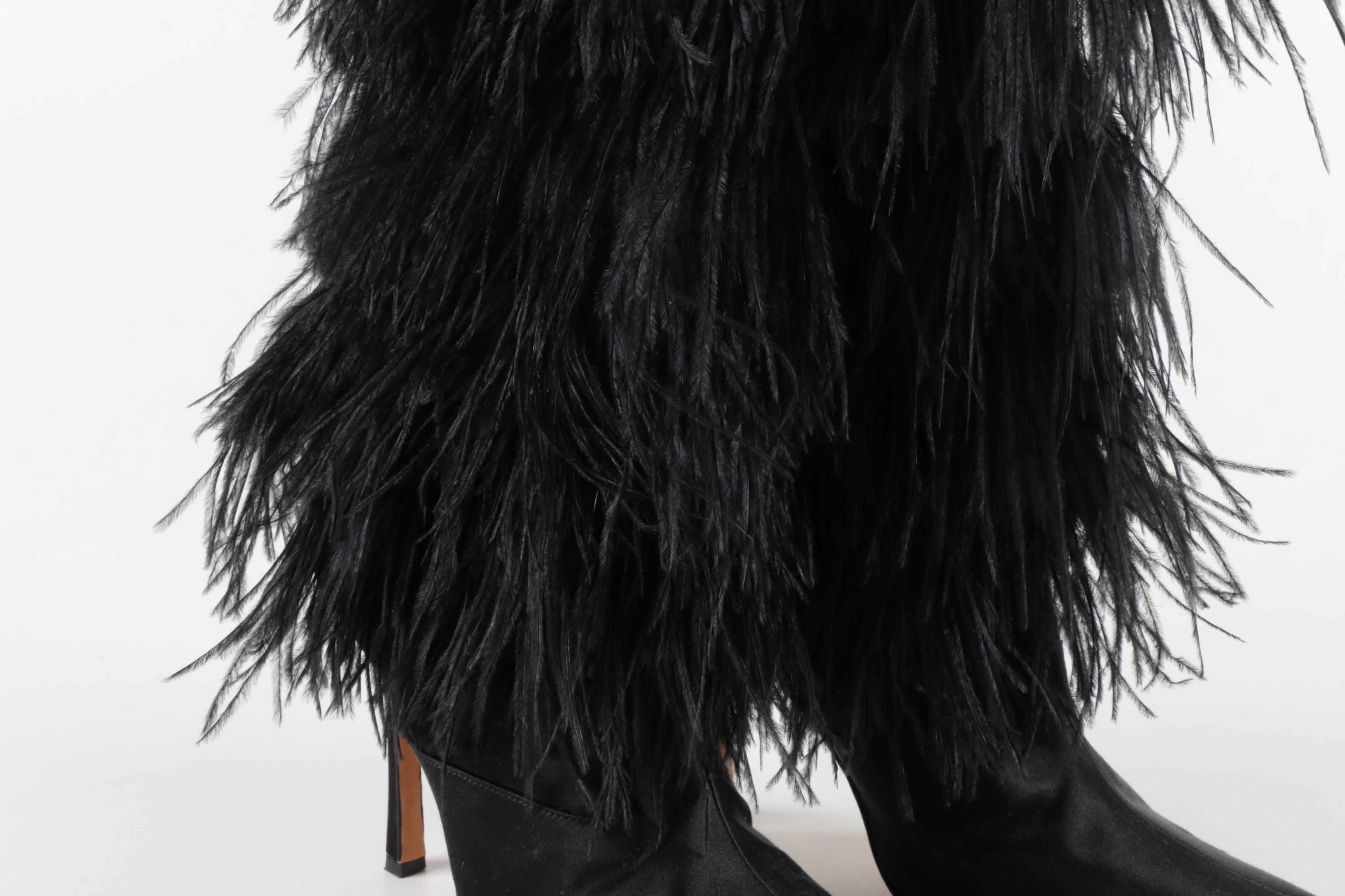 Manolo Blahnik Black Feather Fringe Stiletto Heeled Boots
