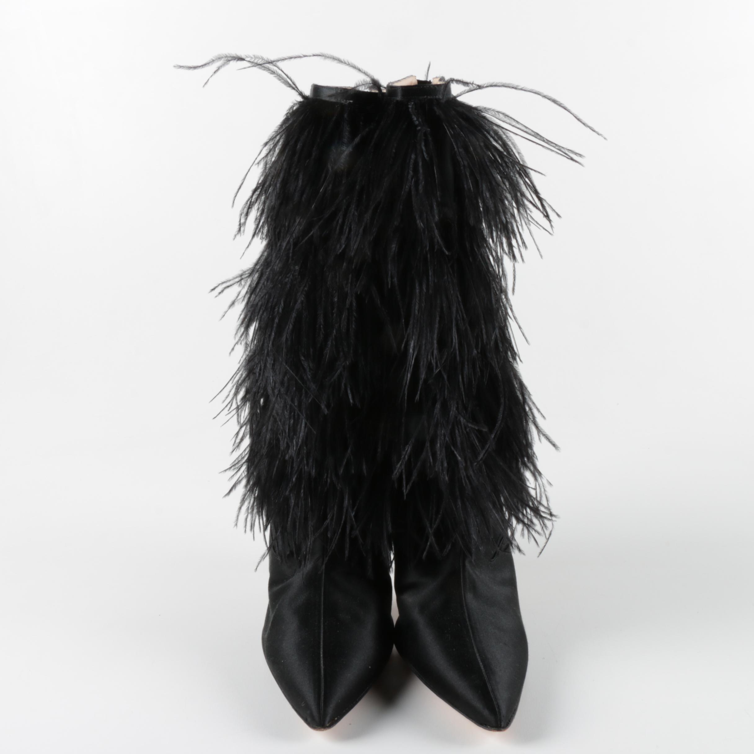 Manolo Blahnik Black Feather Fringe Stiletto Heeled Boots