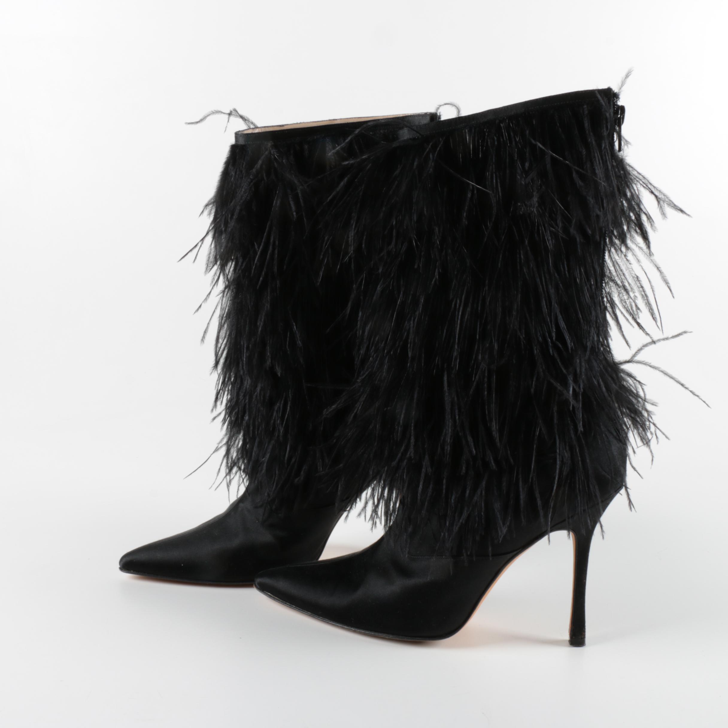 Manolo Blahnik Black Feather Fringe Stiletto Heeled Boots