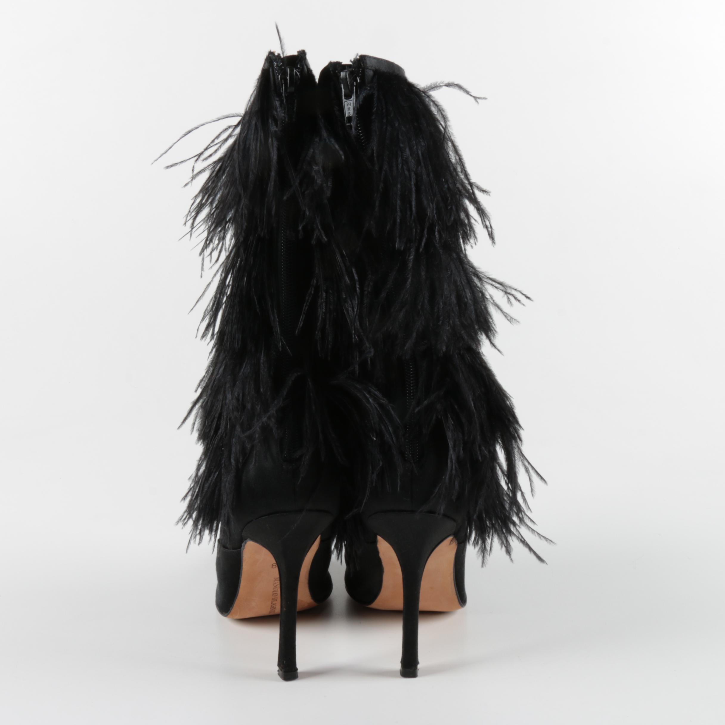 Manolo Blahnik Black Feather Fringe Stiletto Heeled Boots