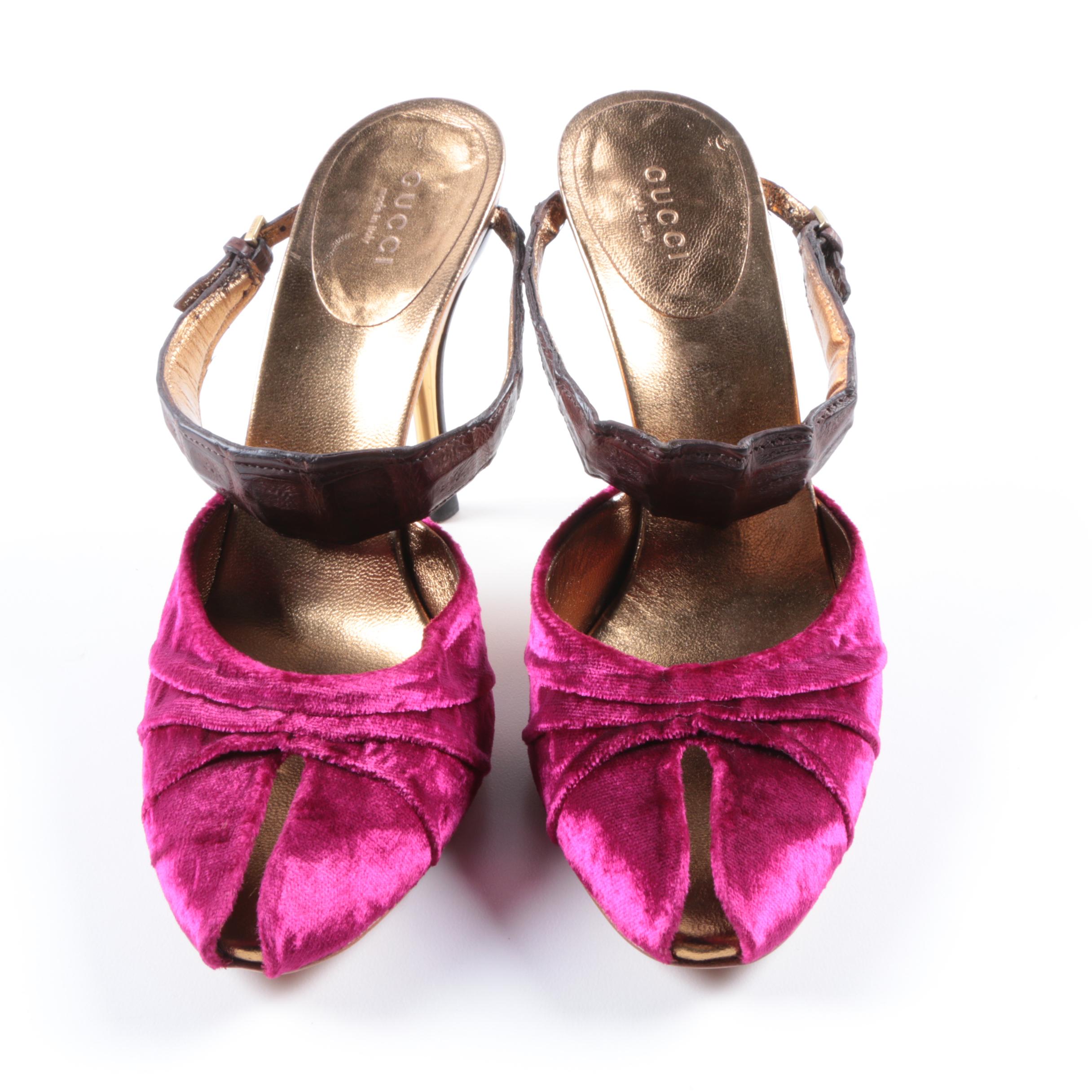 Gucci Magenta Velvet and Leather Ankle Strap Heels