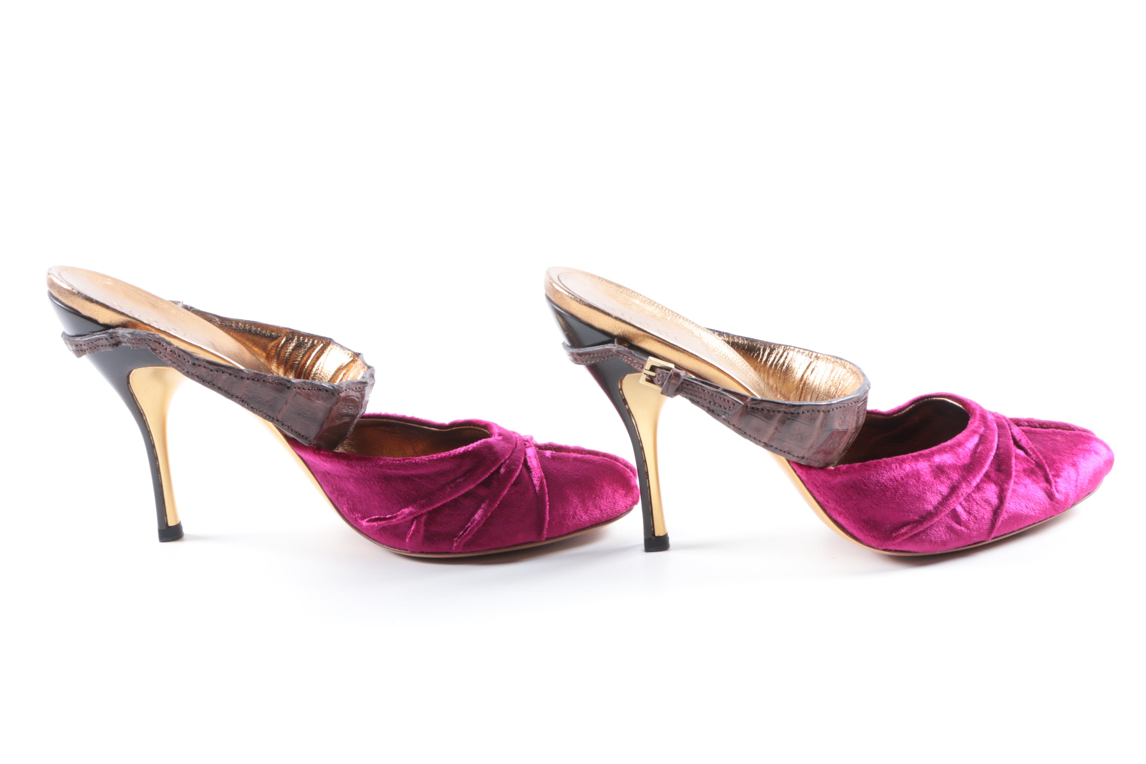 Gucci Magenta Velvet and Leather Ankle Strap Heels