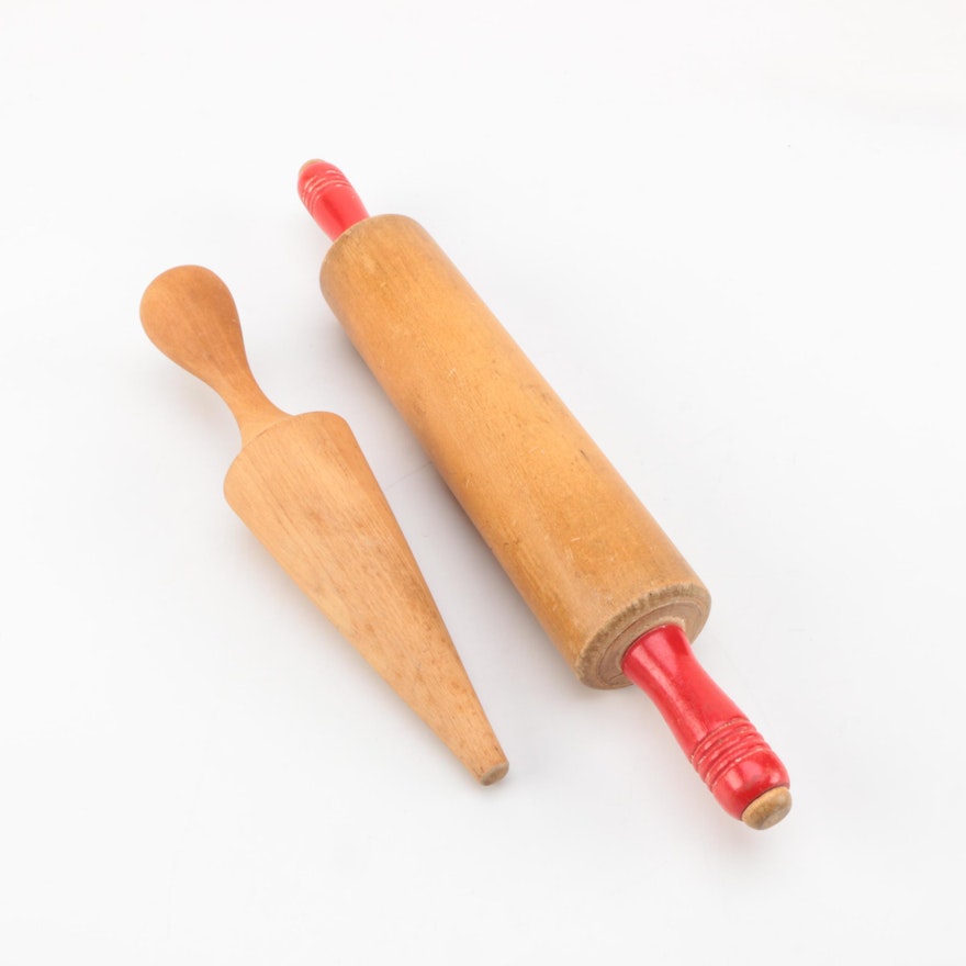 Vintage Red Handled Rolling Pin and Wood Pestle