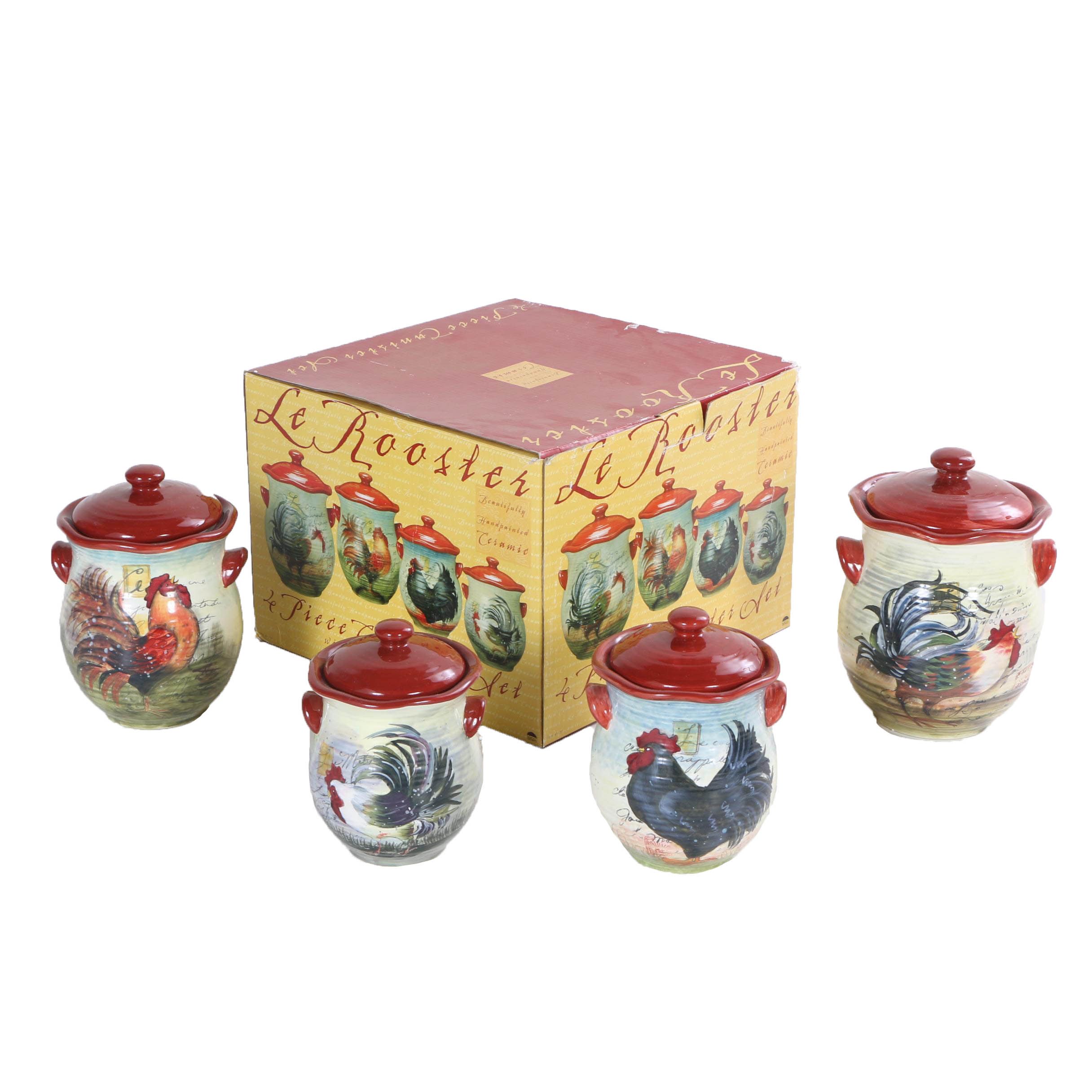Hand-Painted Susan Winget "Le Rooster" Ceramic Storage Canisters