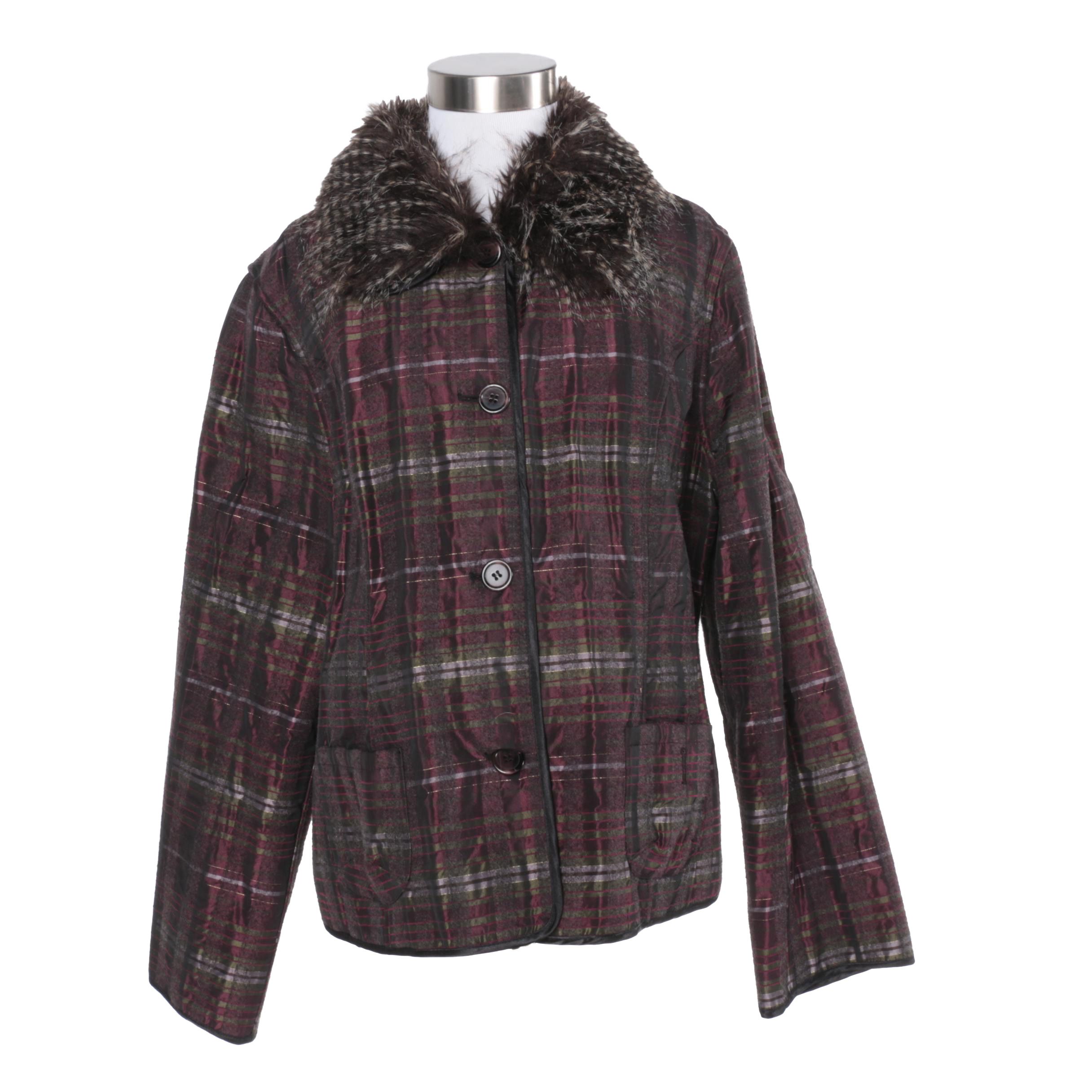 Women's Plaid Jacket with Faux Fur Collar